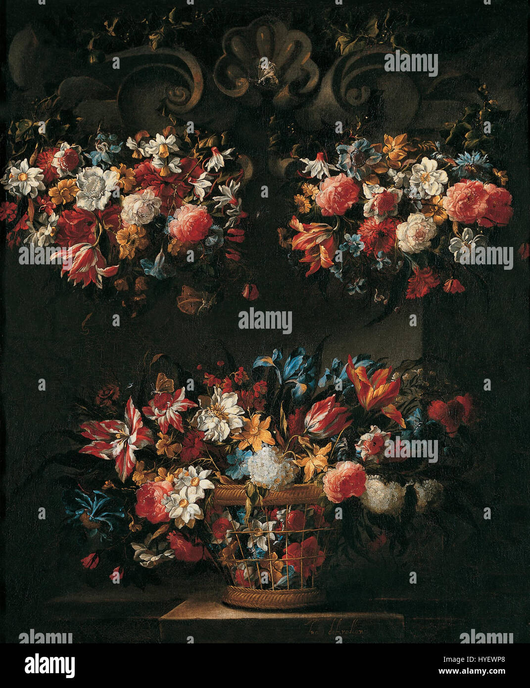 „Stillleben mit Blumen“ von Juan de Arellano ist ein spanisches Gemälde aus dem 17. Jahrhundert, das für seine komplizierte Darstellung von Blumen und natürlicher Schönheit bekannt ist. Der detaillierte Ansatz des Künstlers fängt die lebendigen Farben und Texturen verschiedener Blumenarten ein und zeigt die Meisterschaft des Künstlers in der Stillleben-Malerei. Stockfoto