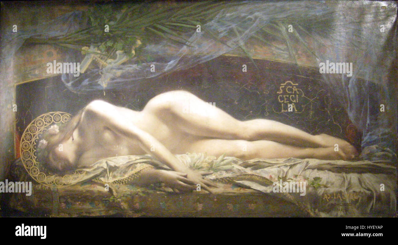 Das Kunstwerk „Ste Cecile Lalyre“ stellt wahrscheinlich die Heilige Cecilia, die Schutzpatronin der Musiker, dar, die mit Musikinstrumenten dargestellt wird. Diese Darstellung spiegelt die mittelalterliche und Renaissance-Tradition wider, Heilige durch religiöse Kunst zu ehren. Stockfoto