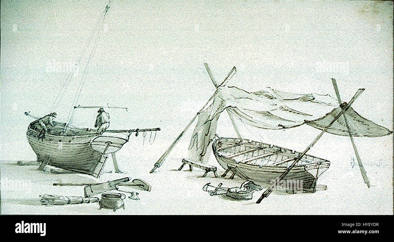 Ein Gemälde von Nicholas Pocock, das den Prozess der Schiffsreparatur darstellt. Pocock ist bekannt für seine maritimen Kunstwerke und fängt die detaillierten Arbeiten von Seeleuten und Handwerkern ein, die Boote reparieren, und veranschaulicht das maritime Leben der Epoche. Stockfoto