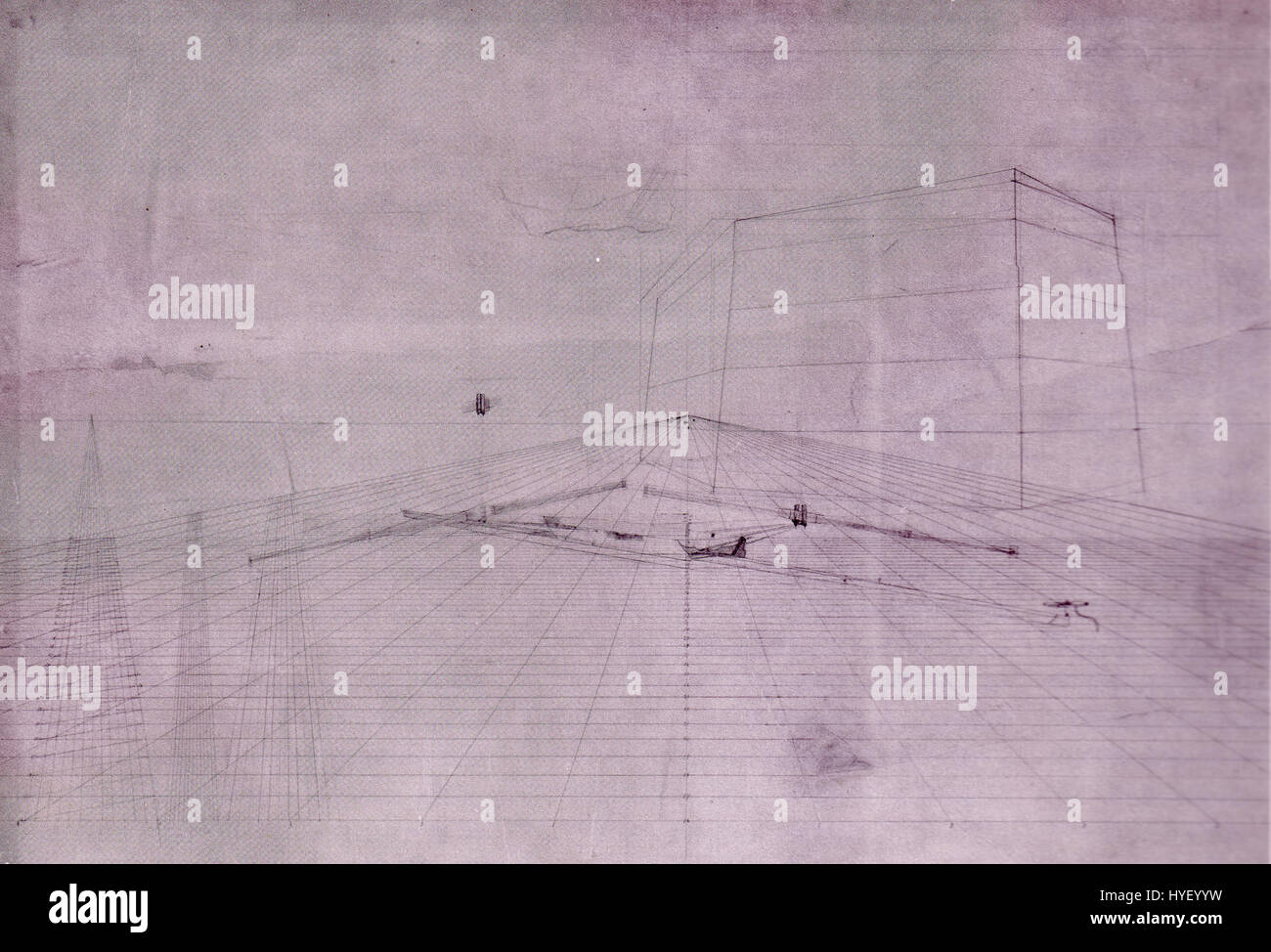 Diese perspektivische Zeichnung veranschaulicht das Design und Layout einer Doppelruderschale, einer Art Ruderboot. Die Skizze konzentriert sich auf die technischen Aspekte der Struktur und Funktionalität des Bootes, die in Studien zum Bootsdesign üblich sind. Stockfoto