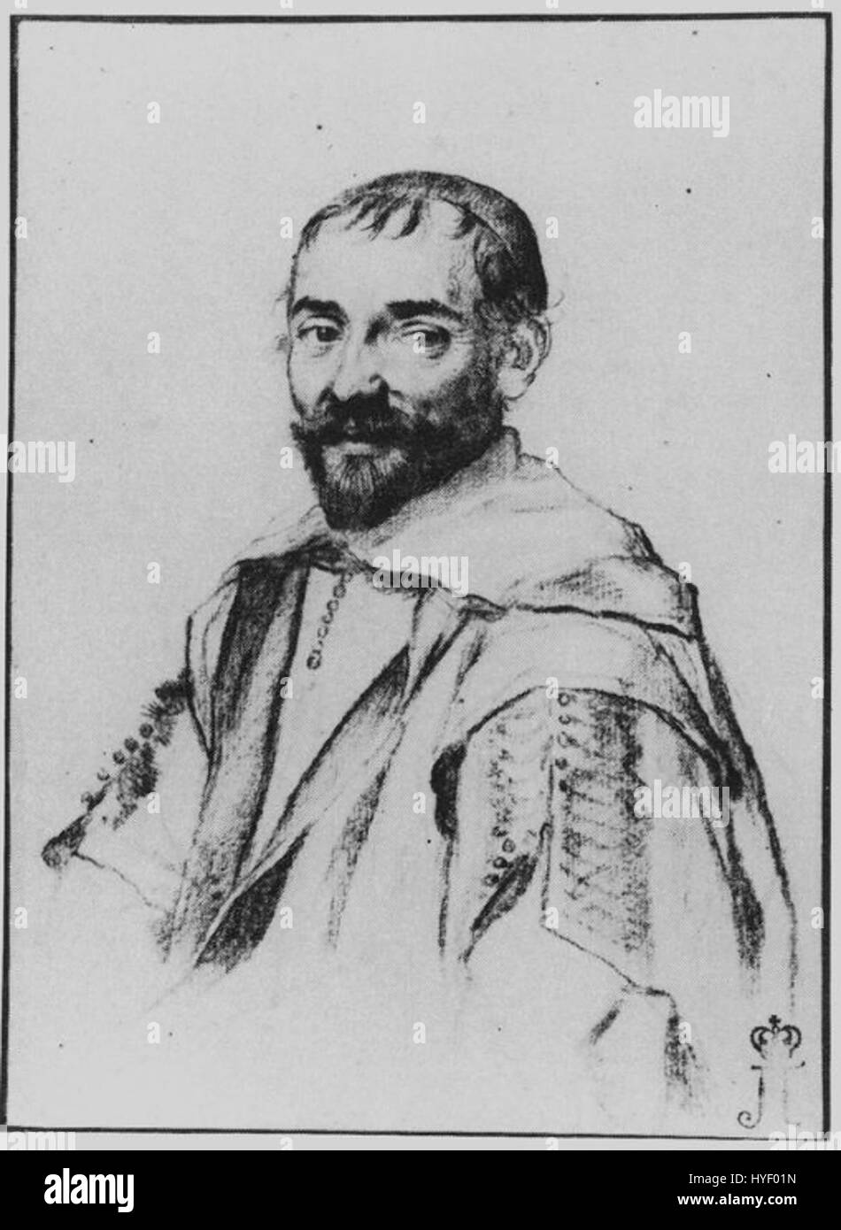 Das Porträt von Pierre Gassendi von Claude Mellan ist eine detaillierte Gravur des französischen Philosophen und Wissenschaftlers. Das Bild betont Gassendis intellektuelles Verhalten und sein wissenschaftliches Aussehen und spiegelt seine Beiträge zur Wissenschaft und Philosophie der Frühen Neuzeit wider. Stockfoto