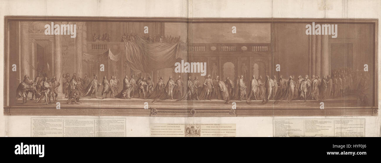 Dieses Gemälde von Richard Cooper dem Jüngeren zeigt eine formelle Prozession der Ritter des edelsten Ordens des Garters. Die Veranstaltung stellt eine der ältesten und renommiertesten Ritterorden Englands dar und zeigt die zeremonielle Pracht und königliche Traditionen. Stockfoto