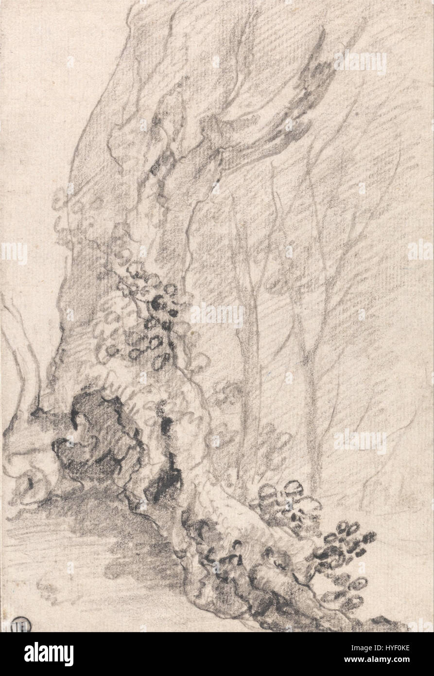 Richard Wilsons „Studie über einen alten Baumstamm und bedeckte Wurzeln“ ist eine detaillierte naturalistische Studie eines Baumes, die die Texturen und komplizierten Details der Natur einfängt. Das Werk veranschaulicht Wilsons Engagement für realistische Landschaft und natürliche Schönheit. Stockfoto