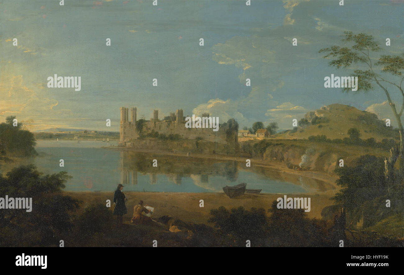 Richard Wilsons Gemälde „Caernarvon Castle“ bietet einen malerischen Blick auf dieses historische Schloss in Wales. Der Künstler fängt die imposante Architektur und die umliegende Landschaft ein und zeigt die Pracht der Festung aus dem 13. Jahrhundert. Stockfoto