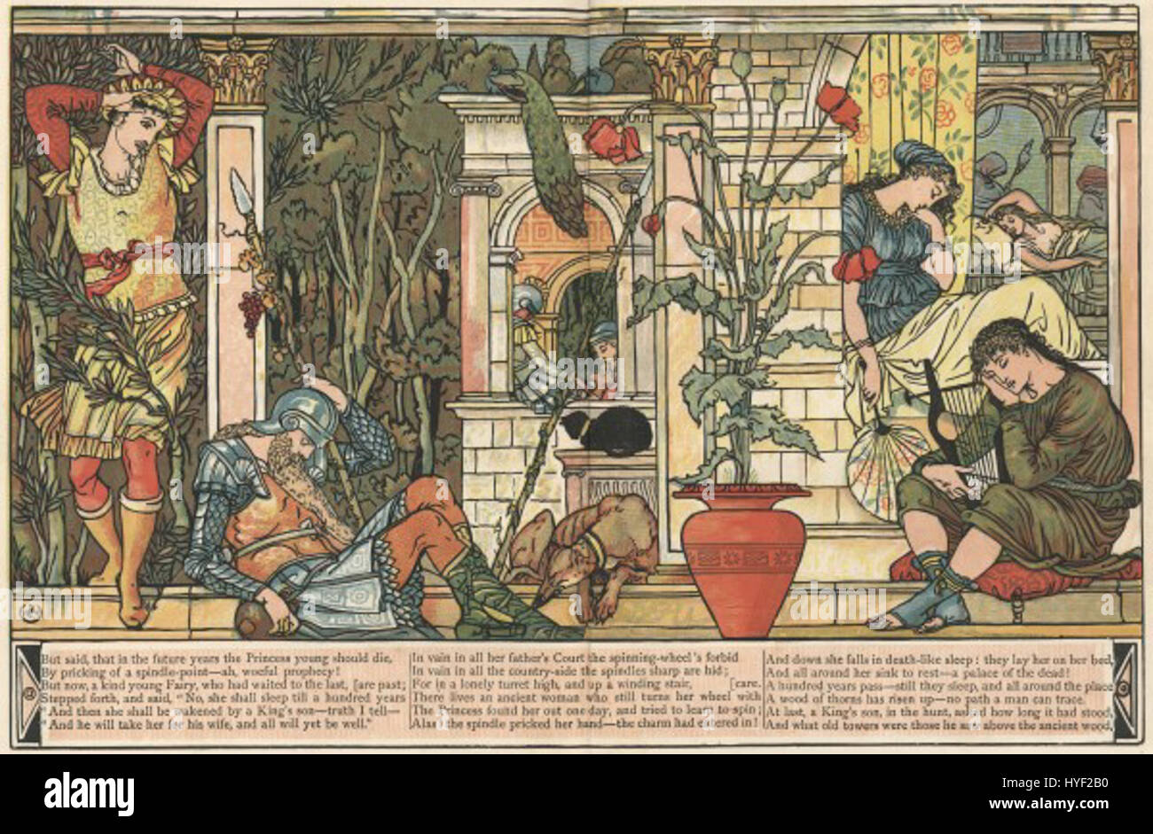 Walter Crane war ein bekannter englischer Künstler und Illustrator, bekannt für seine Arbeit in Kinderbüchern und seine Beteiligung an der Arts and Crafts Movement. Seine Illustrationen zeichnen sich durch dekoratives Design, komplizierte Details und lebendige Farben aus. Der Einfluss von Crane geht über die Kinderliteratur hinaus und wirkt sich auf breitere dekorative Kunst- und Designbewegungen im späten 19. Und frühen 20. Jahrhundert aus. Stockfoto