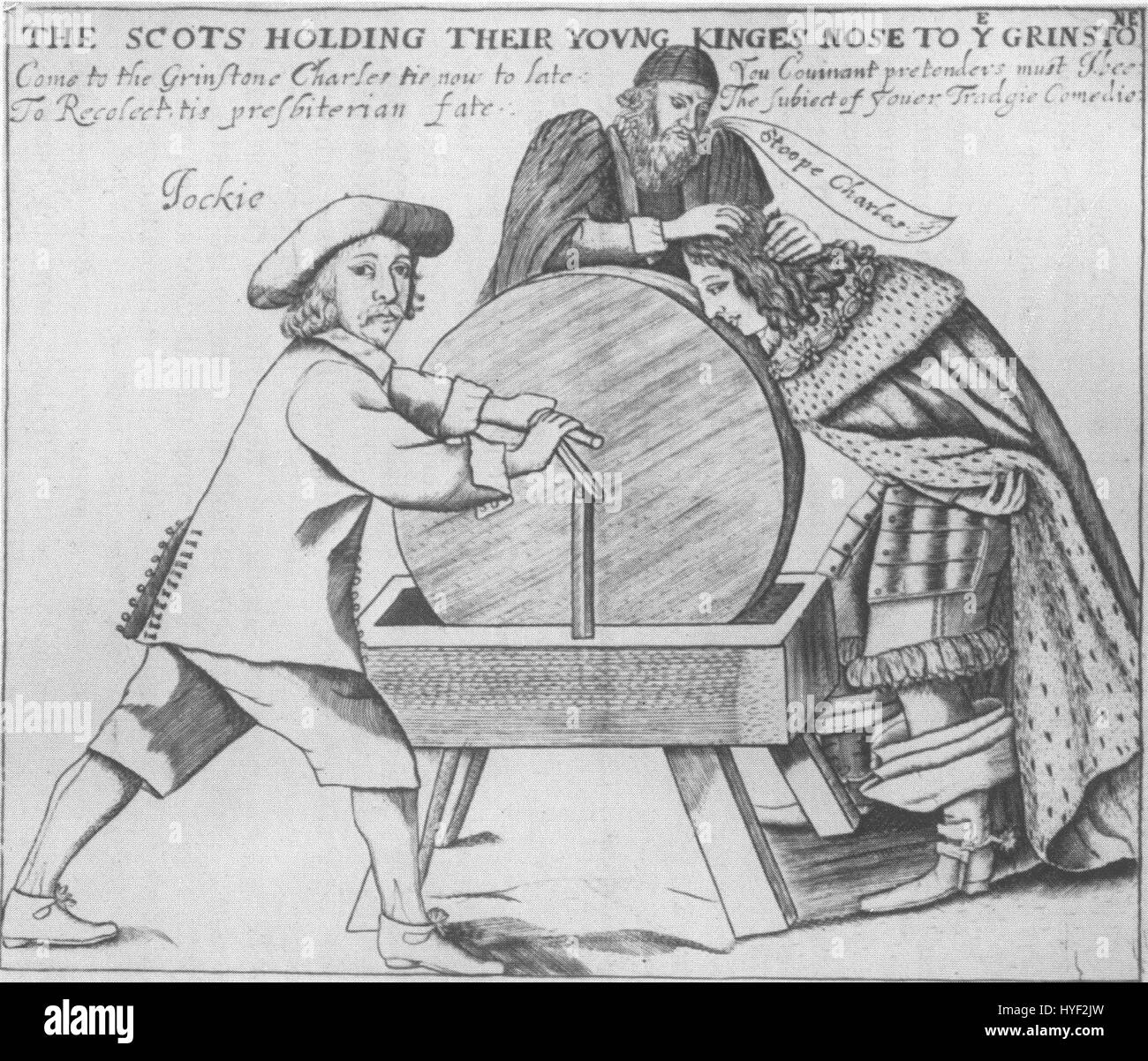 Diese historische Szene zeigt, wie die Schotten ihren jungen König zur Arbeit zwingen, was einen Moment der Spannung zwischen Führung und Machtdynamik in der schottischen Geschichte darstellt. Stockfoto