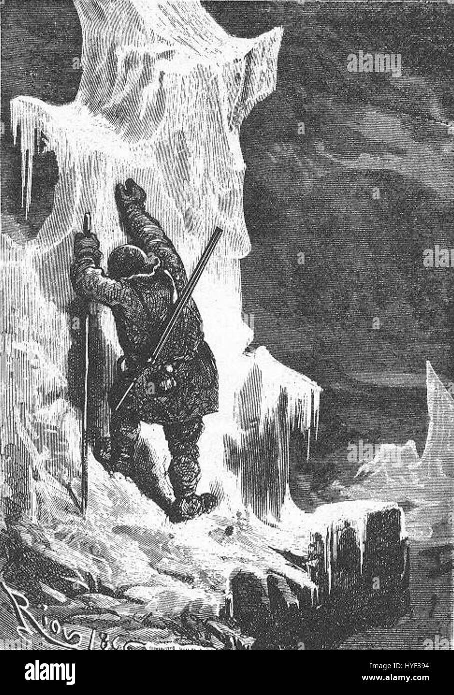 „The Field of Ice“ von Riou und Montaut fängt die dramatischen und weitläufigen Eislandschaften ein, die wahrscheinlich von Polarforschungen oder winterlichen Umgebungen inspiriert sind. Dieses Gemälde spiegelt die Fähigkeit der Künstler wider, atmosphärische Effekte durch Landschaftskunst zu erzeugen. Stockfoto