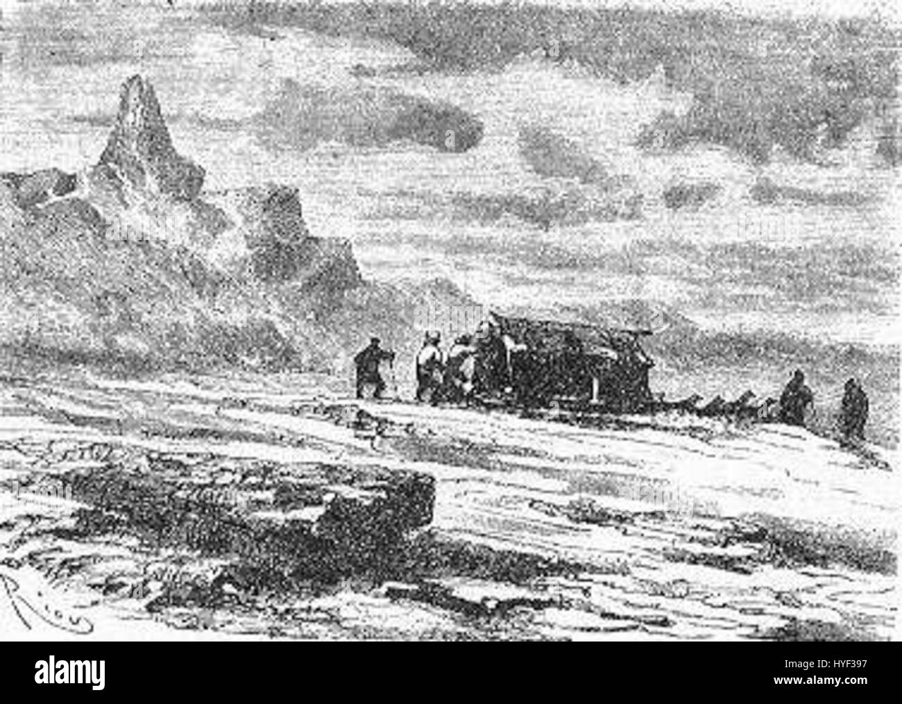 „The Field of Ice“ von Riou und Montaut ist eine Darstellung einer gefrorenen Landschaft, die die kalte, kalte Schönheit von Eis und Schnee einfängt. Die Künstler betonen die enorme Leere und Härte der Natur in dieser gefrorenen Szene. Stockfoto