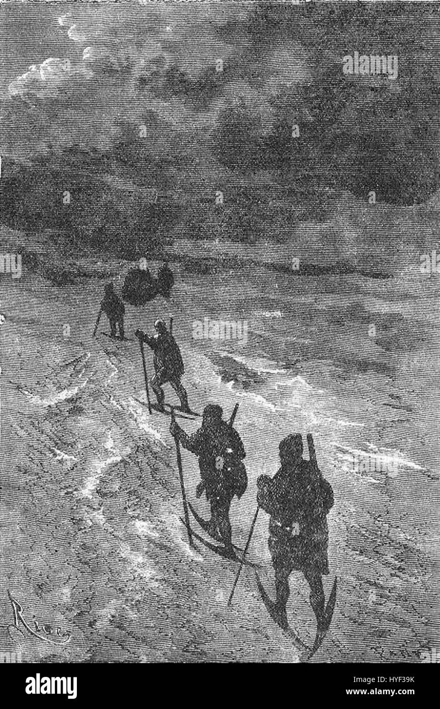 „The Field of Ice“ von Riou und Montaut ist ein Gemälde aus dem 19. Jahrhundert, das die rauen, vereisten Landschaften der Arktis oder Antarktis darstellt. Die Szene betont die Stärke und die imposante natürliche Schönheit eisbedeckter Terrains und konzentriert sich dabei auf die Kraft und Isolation der Natur. Stockfoto