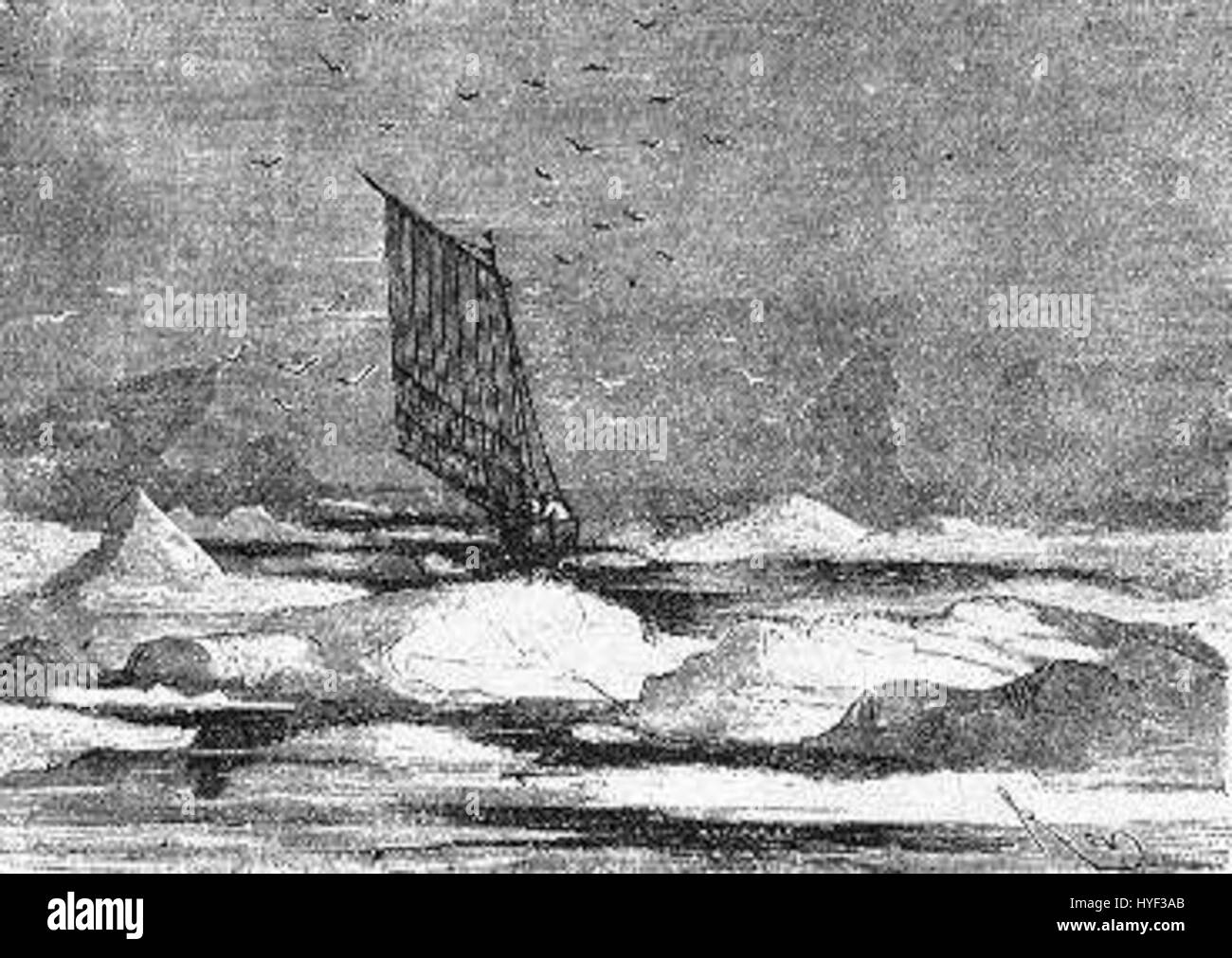 „The Field of Ice“ von Riou und Montaut ist ein eindrucksvolles Gemälde, das eine gefrorene Landschaft einfängt. Die Künstler fokussieren sich auf die raue Umgebung und veranschaulichen die erschütternde Schönheit von Eis und Schnee in einer abgelegenen und einsamen Landschaft. Stockfoto