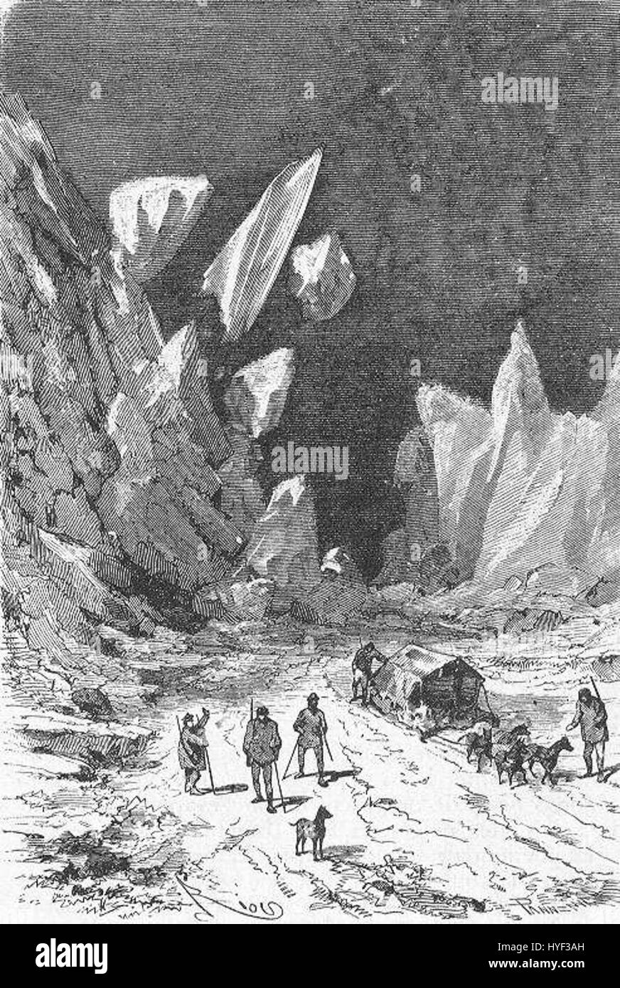 „The Field of Ice“ von Riou und Montaut zeigt eine dramatische Szene einer eisigen Landschaft, die wahrscheinlich mit einer Entdeckungsreise oder einem maritimen Thema zusammenhängt. Das Bild zeigt die harte, unerbittliche Natur des Eisfeldes und die Herausforderungen, denen sich die Entdecker gegenübersehen. Die Verwendung von Licht und Schatten unterstreicht die krasse Schönheit und Gefahr des gefrorenen Geländes. Stockfoto