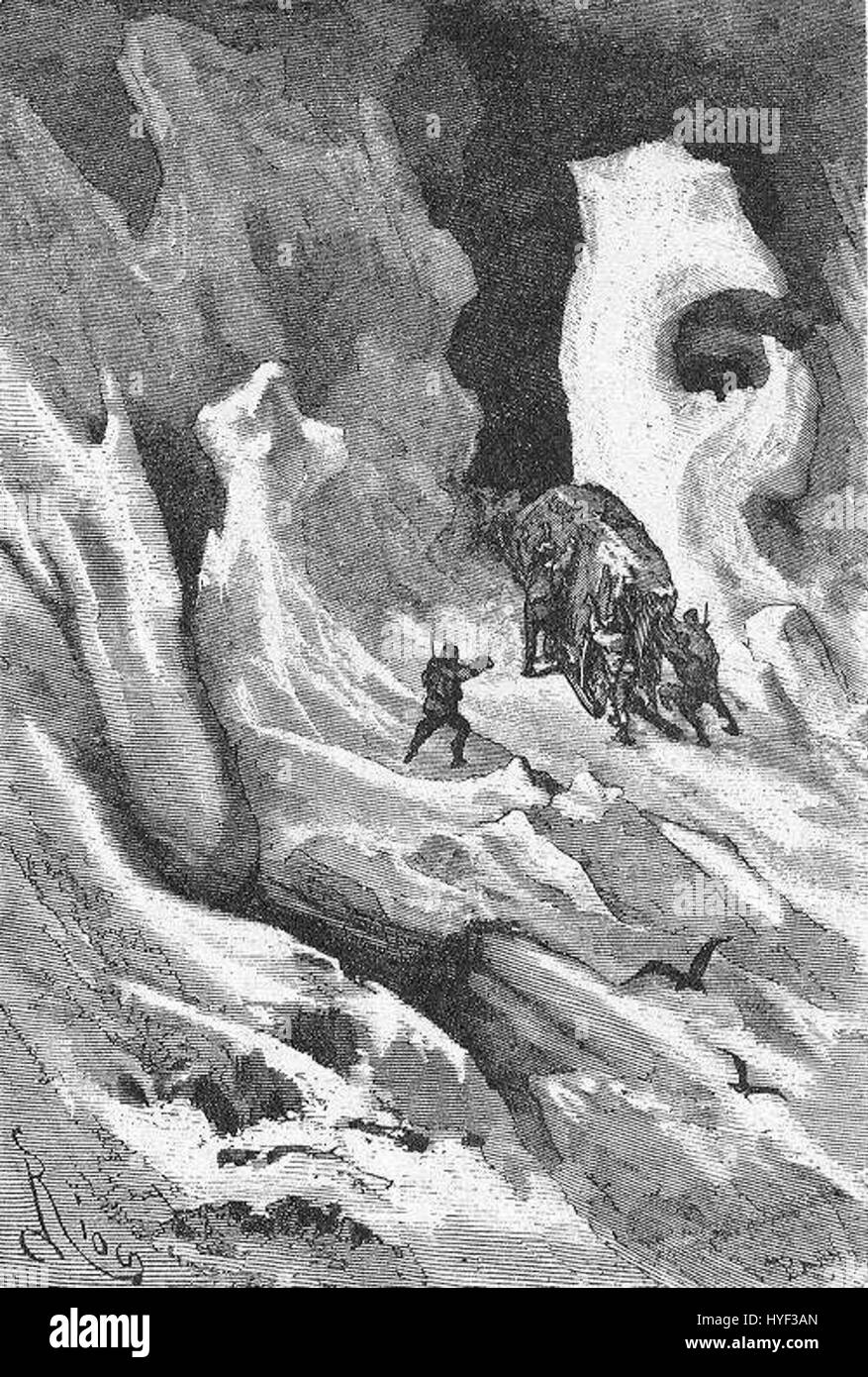„The Field of Ice“ von Riou und Montaut ist eine dramatische Darstellung einer gefrorenen Landschaft, die die krasse Schönheit und die widrigen Bedingungen des eisbedeckten Geländes zeigt. Das Werk betont die Strenge und Stille der eisigen Umgebung und spiegelt die Beherrschung der Künstler wider, Naturlandschaften realistisch darzustellen. Stockfoto