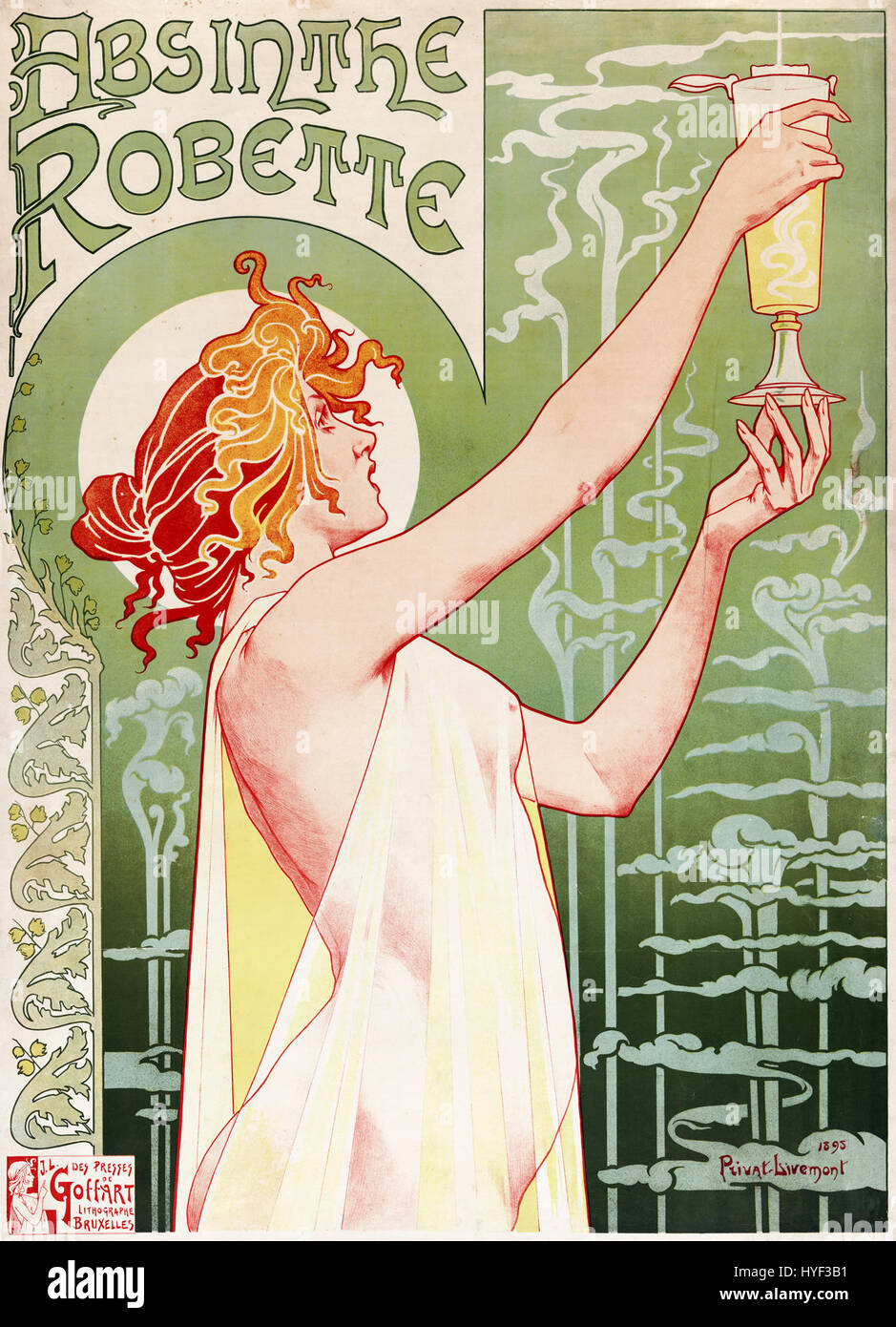 Der „Absinthe“ von Privat Livemont ist ein berühmtes Jugendstilplakat, das zur Werbung für den französischen Likör geschaffen wurde. Das Poster zeigt eine stilisierte Figur einer Frau, die ein Glas Absinth hält, umgeben von organischen, fließenden Linien, die den Jugendstil charakterisieren. Dieses Werk ist ikonisch in der Geschichte der Werbung und des Designs. Stockfoto