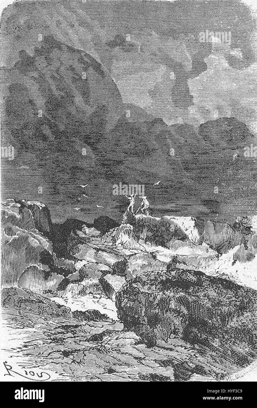 „The Field of Ice“ von Riou und Montaut zeigt eine dramatische Darstellung einer eisigen Landschaft, die die krasse, gefrorene Schönheit der Natur einfängt. Die Arbeiten spiegeln sich wahrscheinlich mit der Erforschung oder maritimen Themen wider und konzentrieren sich auf die intensive, kalte Umgebung der Polarregionen. Stockfoto