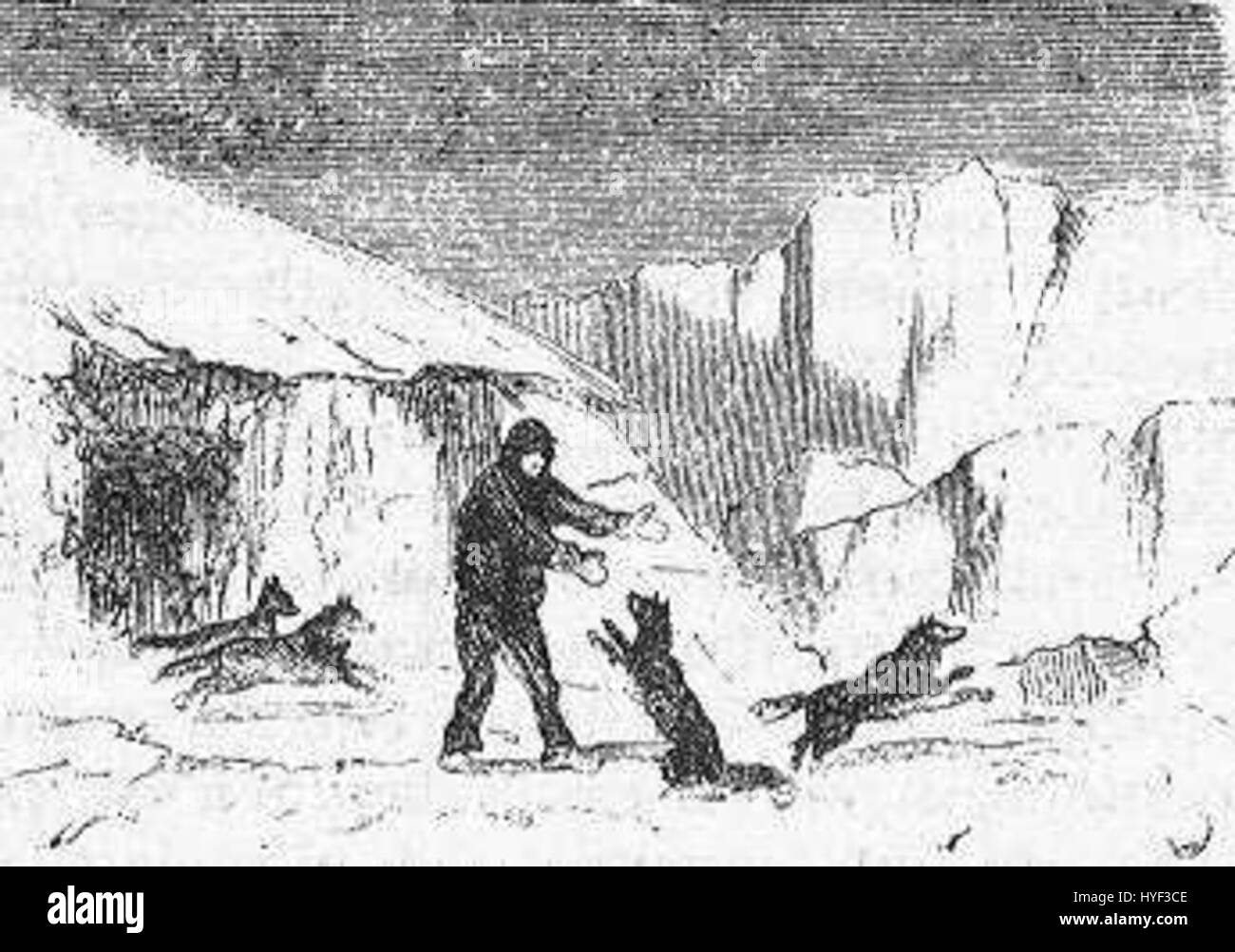 „The Field of Ice“ von Riou und Montaut zeigt eine dramatische Eisfeldszene. Die Illustration betont die rauen Bedingungen und die weitläufige, vereiste Landschaft und zeigt die Fähigkeiten der Künstler, die weite, unnachgiebige Umgebung einzufangen. Stockfoto