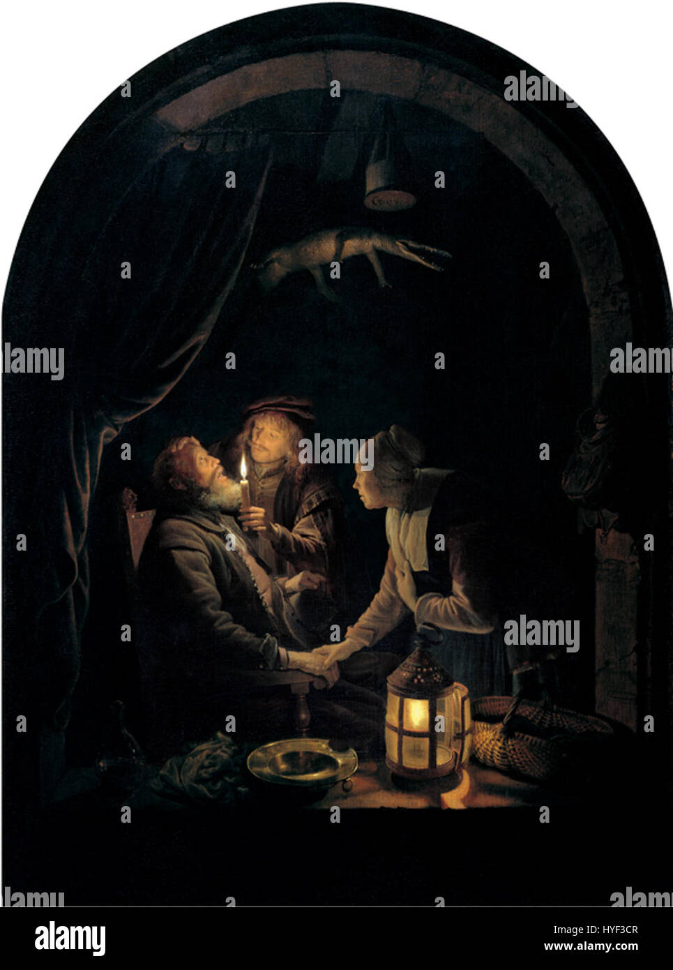 "Zahnarzt bei Kerzenschein", Öl auf Eiche Panel Gemälde von Gerrit Dou Stockfoto