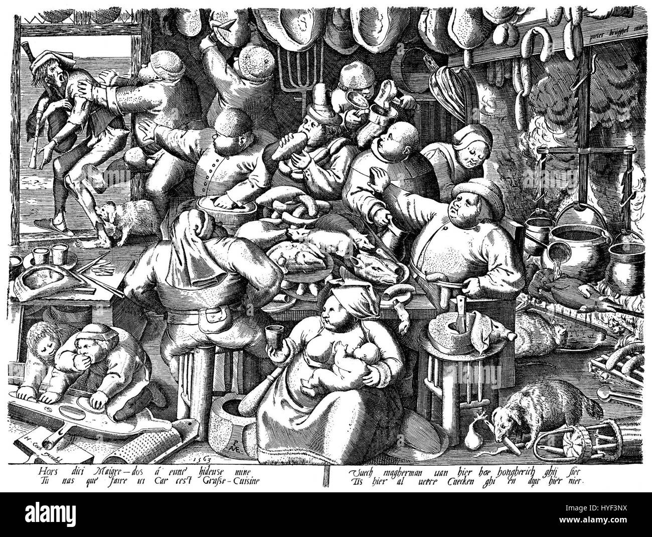 *Fette Kueche* von Pieter Bruegel dem Älteren zeigt eine chaotische Küchenszene voller Figuren aus alltäglichen Aktivitäten. Bruegels Arbeit thematisierte oft das Bauernleben und die banalen Aspekte der ländlichen Gesellschaft. Stockfoto *Fette Kueche* von Pieter Bruegel dem Älteren zeigt eine chaotische Küchenszene voller Figuren aus alltäglichen Aktivitäten. Bruegels Arbeit thematisierte oft das Bauernleben und die banalen Aspekte der ländlichen Gesellschaft. Stockfoto