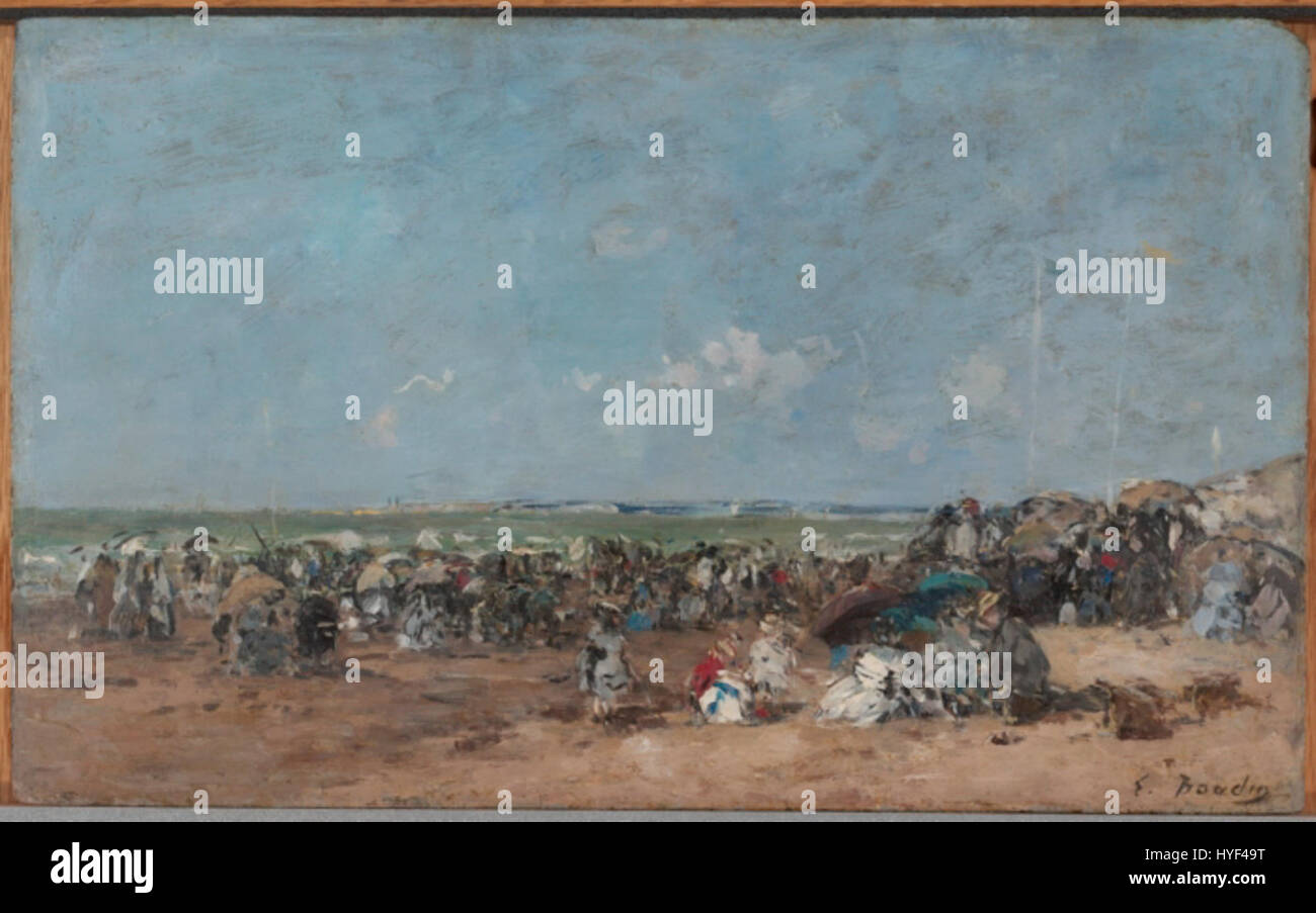 Eugene Louis Boudins „Strandszene“ fängt die dynamische Atmosphäre einer Küstenlandschaft ein. Das Gemälde ist bekannt für seine lebendige Darstellung des Meeres, des Himmels und der Menschen, die Boudins Beherrschung des Lichts und der Pinselarbeiten demonstrieren, die typisch für den französischen Impressionismus sind. Stockfoto