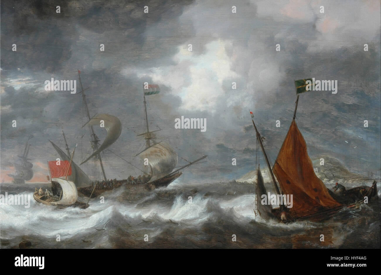 Bonaventura i Peeters' Gemälde „Sea Storm with Sailing Ships“ zeigt eine dramatische maritime Szene, in der ein heftiger Sturm auf dem Meer mit Schiffen dargestellt wird, die gegen die Wellen kämpfen. Peeters ist bekannt für seine Meereslandschaften und fängt die Kraft der Natur und die gefährlichen Bedingungen ein, denen die Seeleute im 17. Jahrhundert ausgesetzt waren. Stockfoto