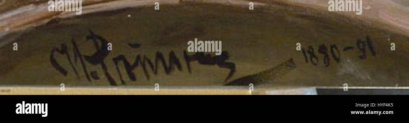 Ilya Repins Gemälde Saporoger Kozaks zeigt eine Gruppe von Kosaken, die einen trotzigen Brief an den Sultan verfassen. Die Unterschrift ist ein wichtiges Merkmal, um die Authentizität des Stücks zu erkennen und Repins Liebe zum Detail und historische Genauigkeit zu verdeutlichen. Stockfoto