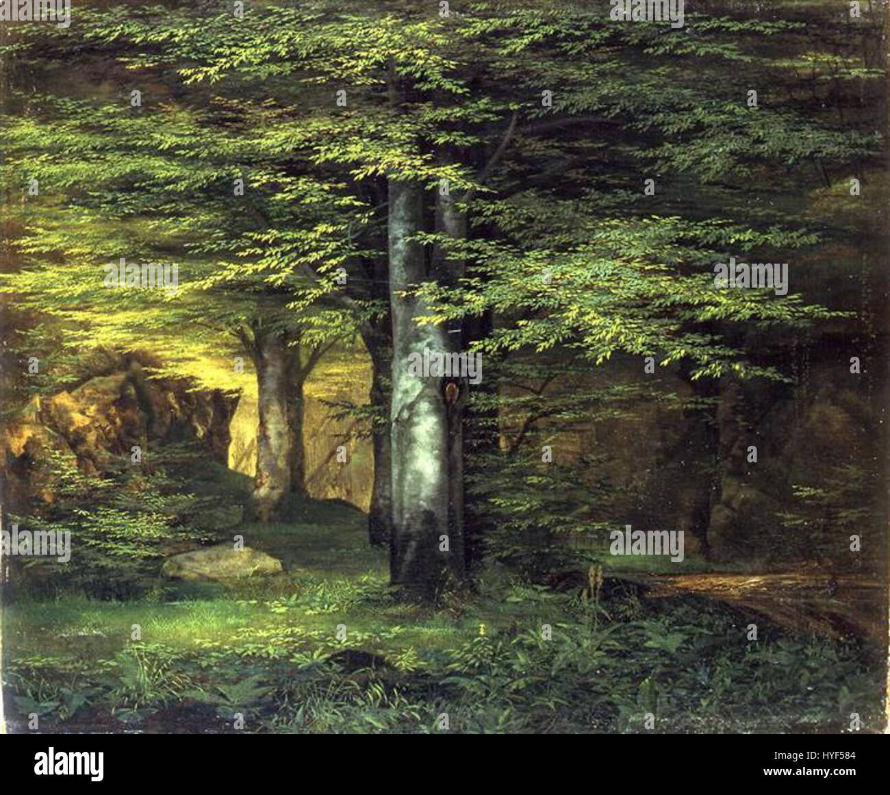 „Waldinneres“ von Ernst Ferdinand Oehme ist ein Landschaftsbild, das das tiefe, schattige Innere eines Waldes einfängt. Oehme ist bekannt für seine Naturdarstellungen und verwendet dunkle Töne und feine Details, um die ruhige und geheimnisvolle Atmosphäre der Waldlandschaft zu vermitteln. Stockfoto