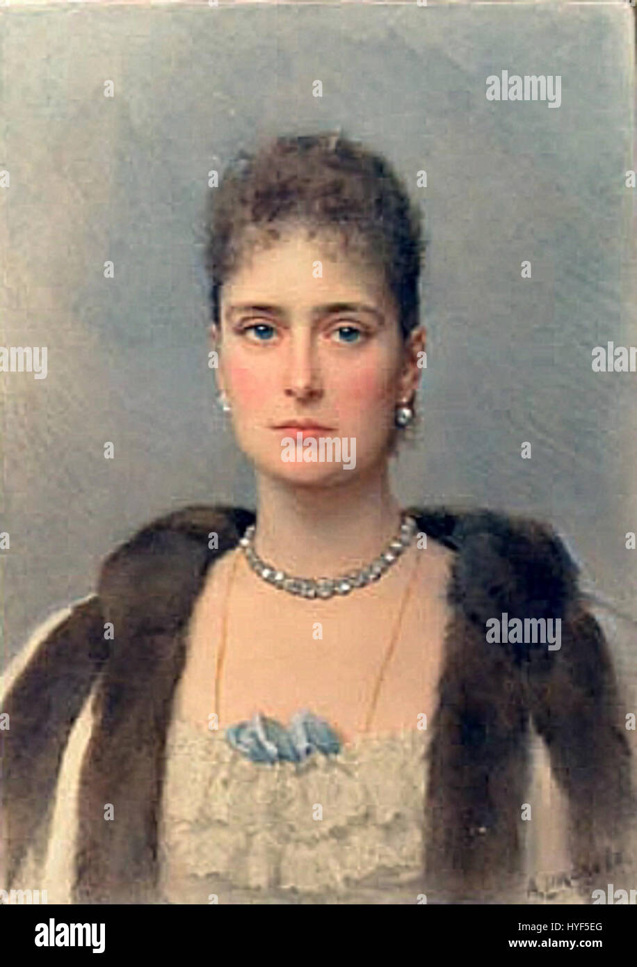 Kaiserin Alexandra Feodorowna, Ehefrau des Zaren Nikolaus II., war eine prominente Persönlichkeit in der russischen Geschichte. Dieses Porträt aus dem Jahr 1901 fängt ihre königliche Haltung und die würdevolle Präsenz ein, die ihre Rolle als Kaiserin in den letzten Jahren des Russischen Reiches prägte. Stockfoto