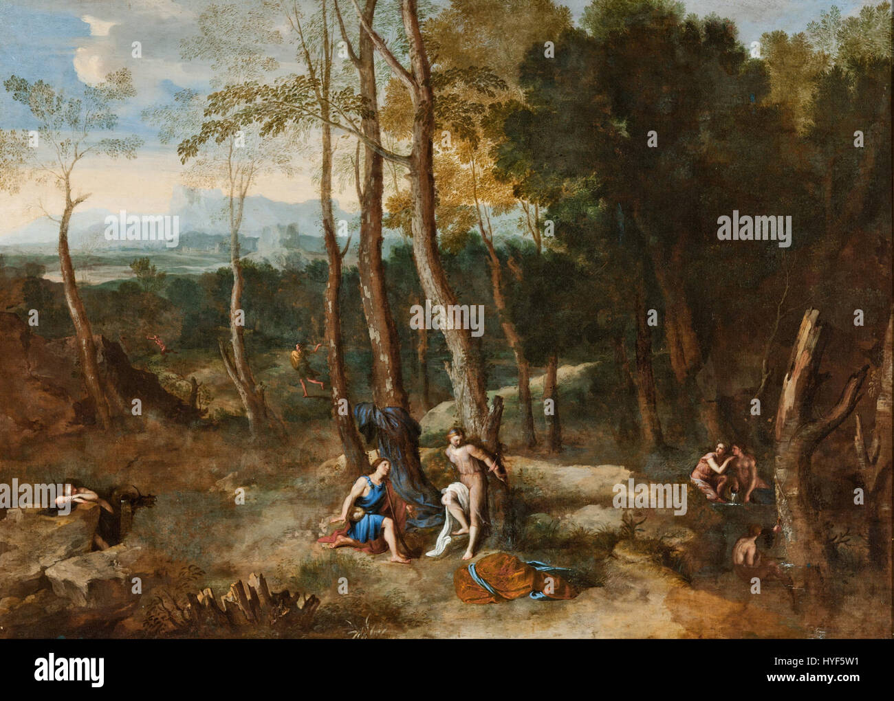 Gaspard Dughets „Aminta About to Rescue Silvia“ zeigt eine Szene aus der klassischen Mythologie, in der Aminta versucht, Silvia zu retten, und spiegelt damit die Fähigkeiten des Künstlers in mythologischen Themen wider. Stockfoto