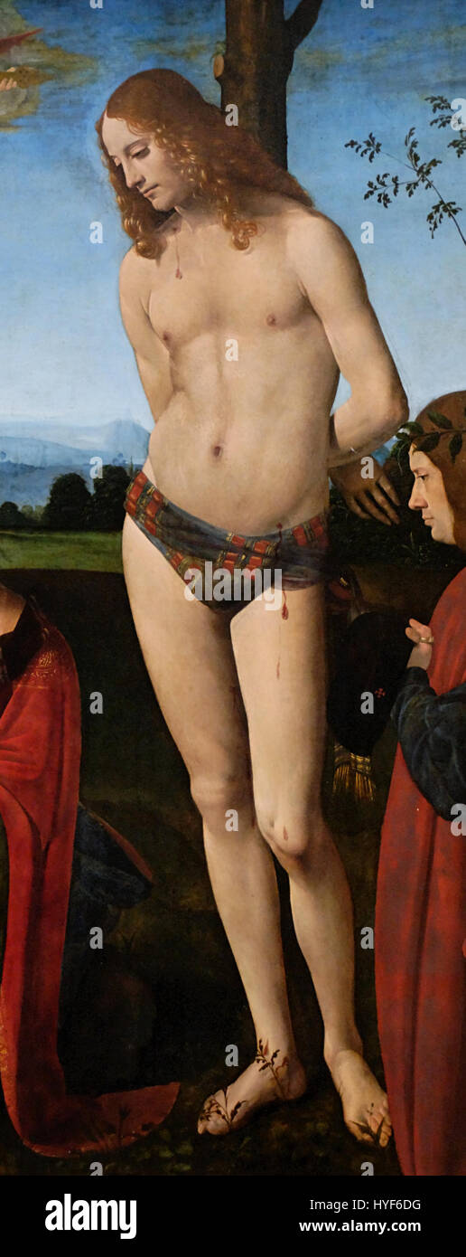 Das Gemälde von Sebastianus Boltraffio, das als Louvre INV103 gelistet ist, ist ein Beispiel italienischer Renaissance-Kunst. Bekannt für seine detaillierten Porträts, spiegelt Boltraffios Werk den künstlerischen Stil seiner Zeit wider und betont Realismus, Tiefe und emotionalen Ausdruck, wobei religiöse oder mythologische Themen oft präsent sind. Stockfoto