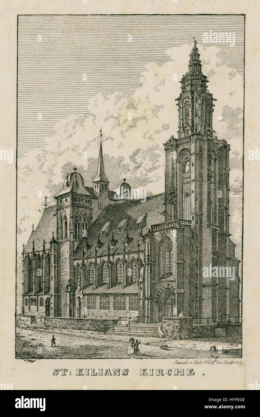 Das Gemälde der St. Kilians Kirche von Gebrüder Wolff aus dem Jahr 1833 zeigt die architektonische Pracht der Heilbronner Kirche und hebt gotische und barocke Stile hervor. Sie ist nach wie vor ein wichtiges Stück in der Erforschung der historischen europäischen Architektur. Stockfoto