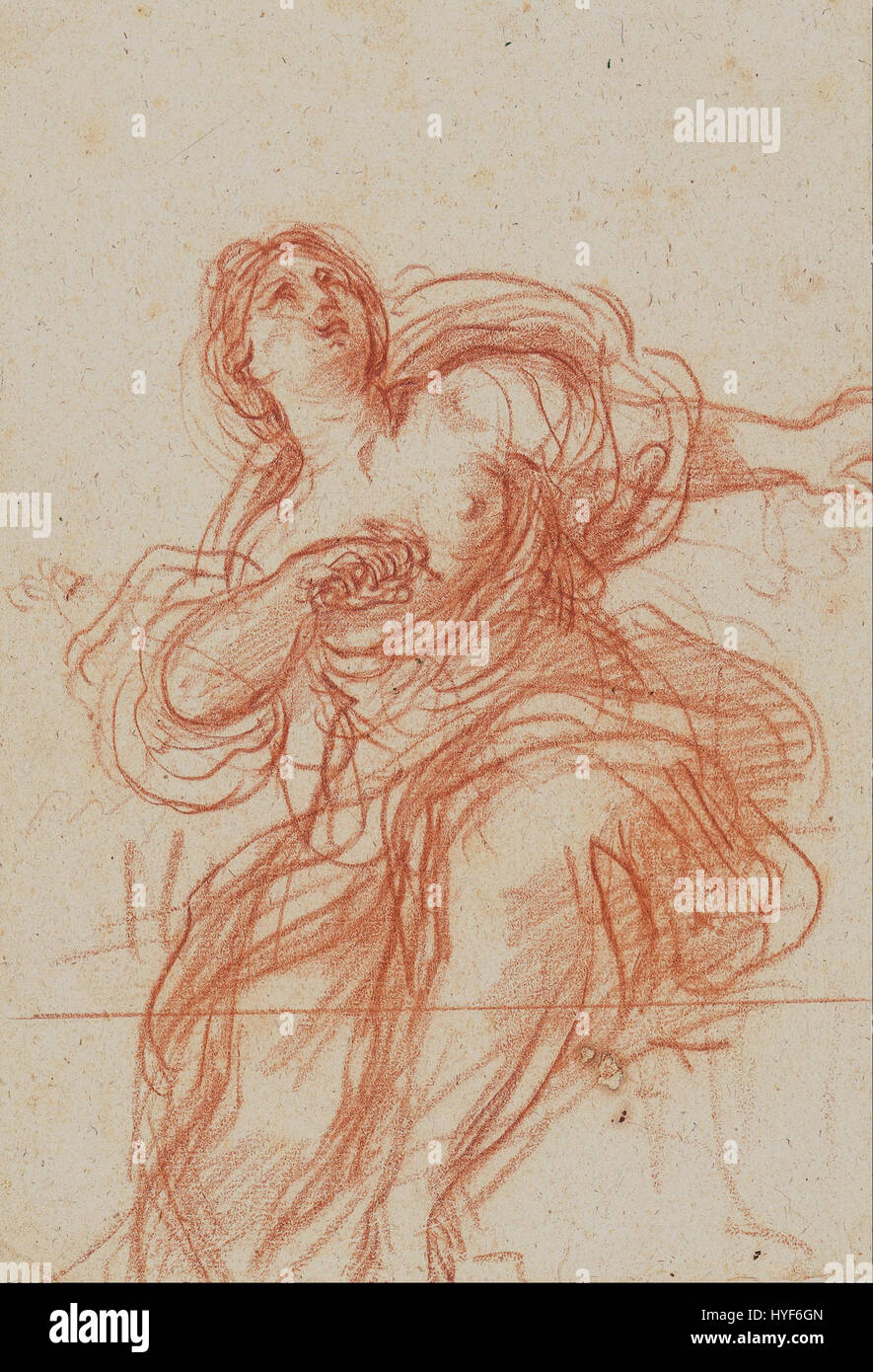 Guercinos „Tod von Lucretia“ schildert die tragische römische Geschichte von Lucretia, die nach einem Angriff Selbstmord beging. Das Gemälde fängt die emotionalen Wirren und die historische Bedeutung des Ereignisses im antiken Rom ein. Stockfoto