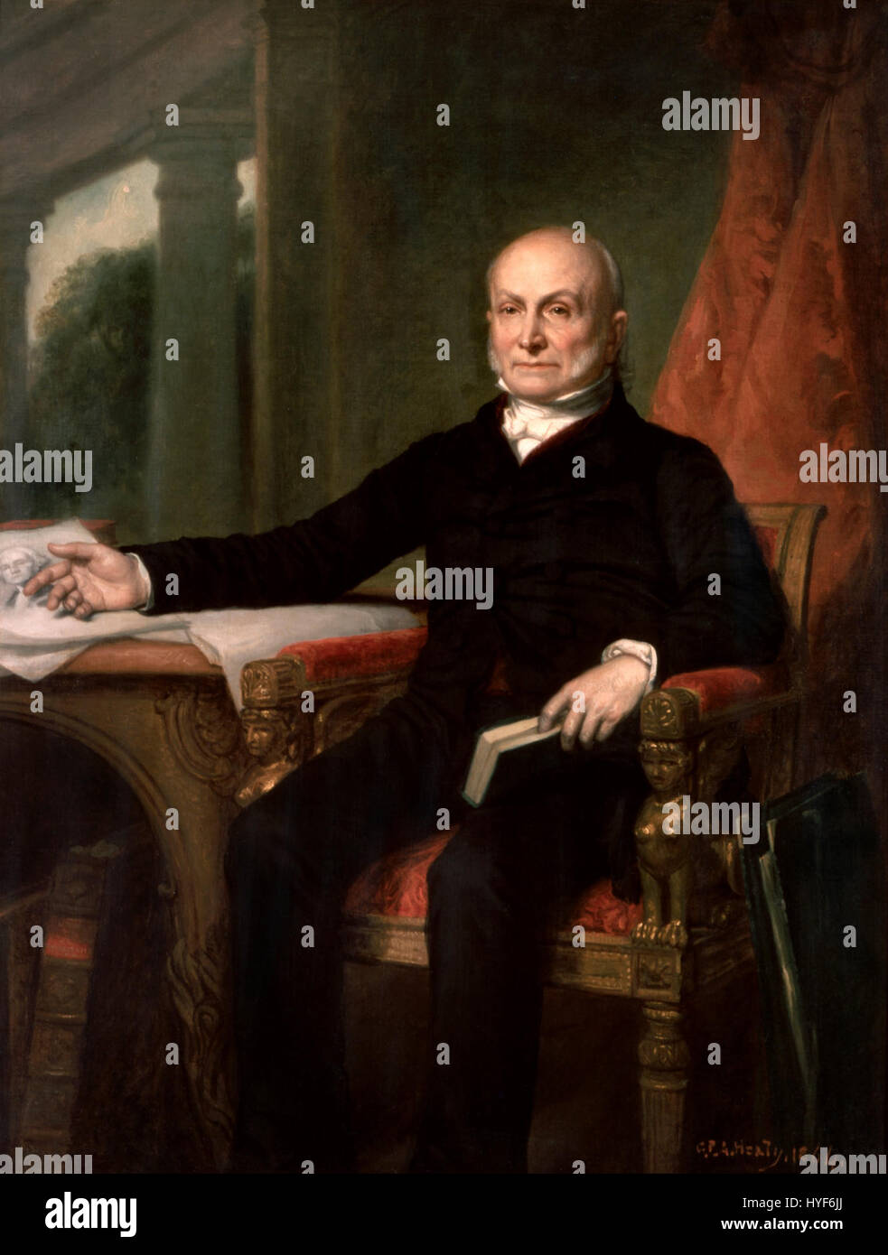 George P.A. Healys Porträt von John Quincy Adams, dem sechsten Präsidenten der Vereinigten Staaten, fängt die würdevolle Persönlichkeit dieses politischen Führers ein. Das Gemälde spiegelt seine Rolle in der amerikanischen Geschichte und seine Führung in den frühen Jahren der Republik wider. Stockfoto