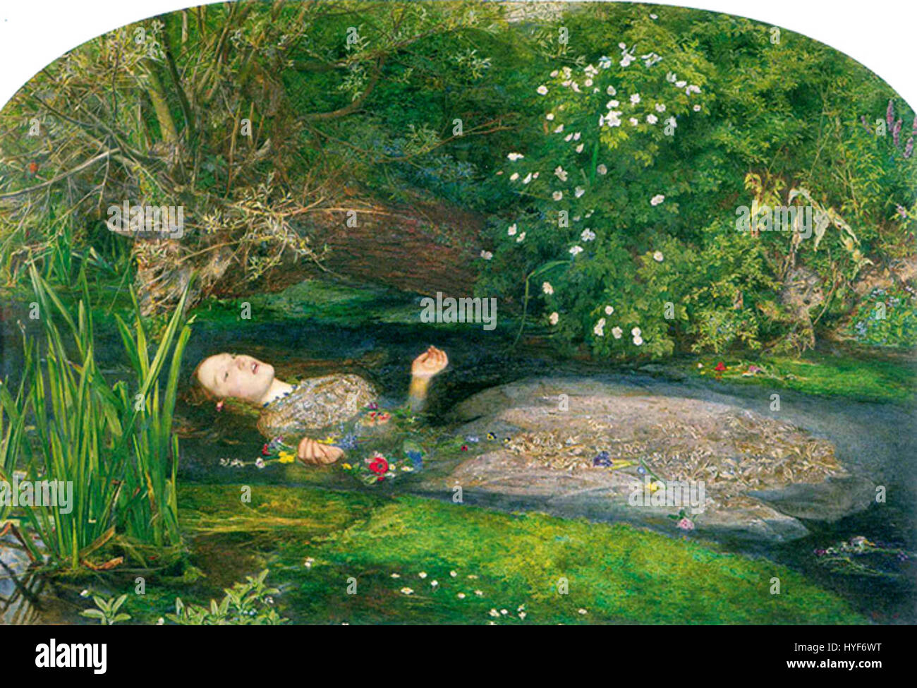 „Ophelia“ von John Everett Millais ist ein berühmtes präraffaelitisches Gemälde, das die tragische Figur aus Shakespeares „Hamlet“ darstellt. Das Kunstwerk zeigt Ophelias Tod durch Ertrinken und fängt Schönheit und Trauer in einer üppigen, natürlichen Umgebung ein. Stockfoto