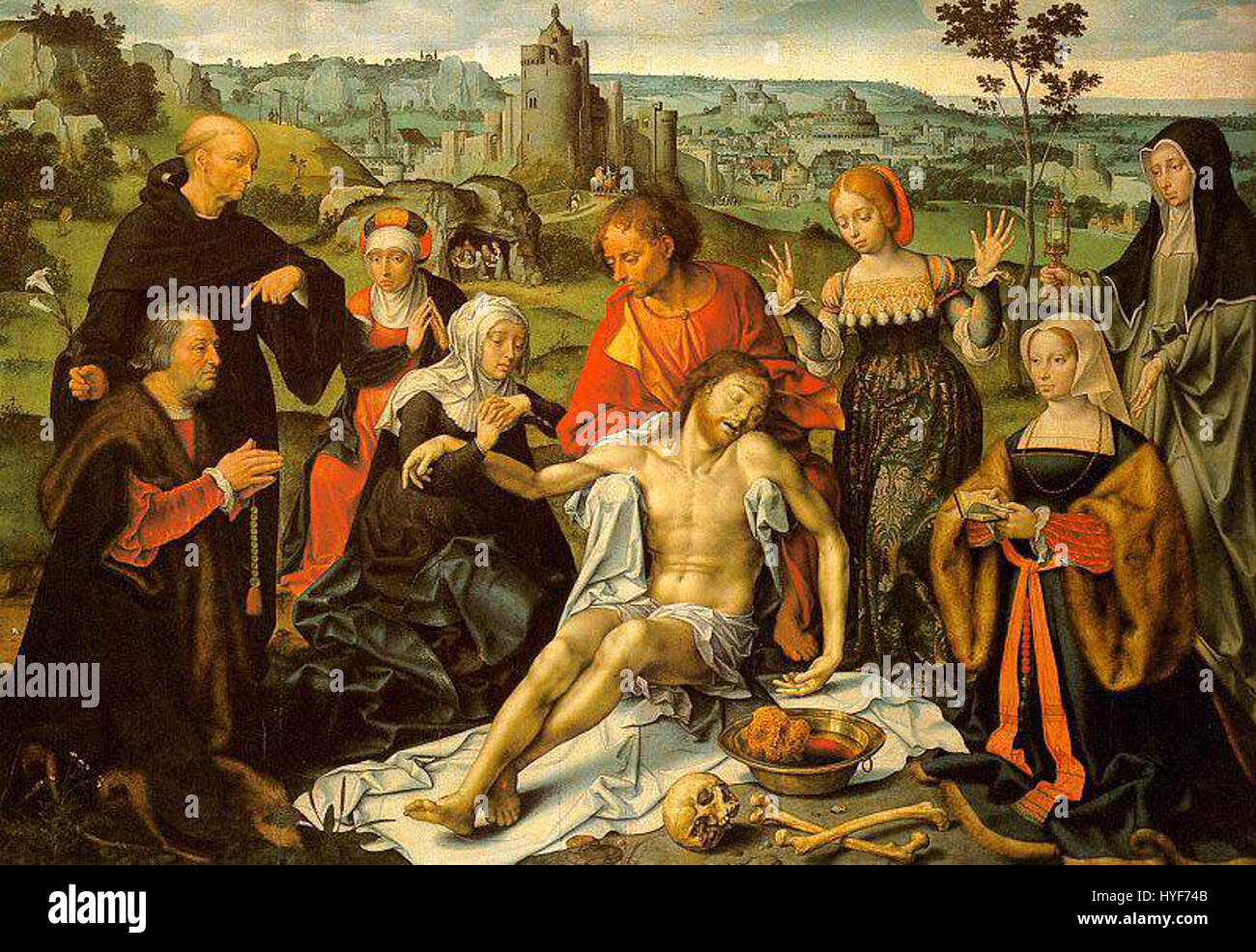 Joos van Cleves Mitteltafel des „Altars der Klage“ zeigt die traurige Szene, in der der Leichnam Christi für die Beerdigung vorbereitet wird. Die detailreiche Komposition fängt die Trauer der Figuren ein und spiegelt die emotionale Tiefe wider, die typisch für die Kunst der nördlichen Renaissance ist. Stockfoto