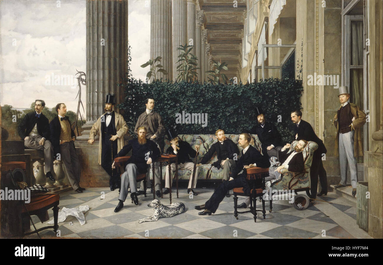 James Tissots „The Circle of the Rue Royale“ fängt die Pariser High Society ein. Das Gemälde beleuchtet soziale Interaktionen und modische Kleidung und veranschaulicht Tissots Fokus auf das moderne Leben und sein Auge für komplizierte Details zeitgenössischer Kleidung. Stockfoto