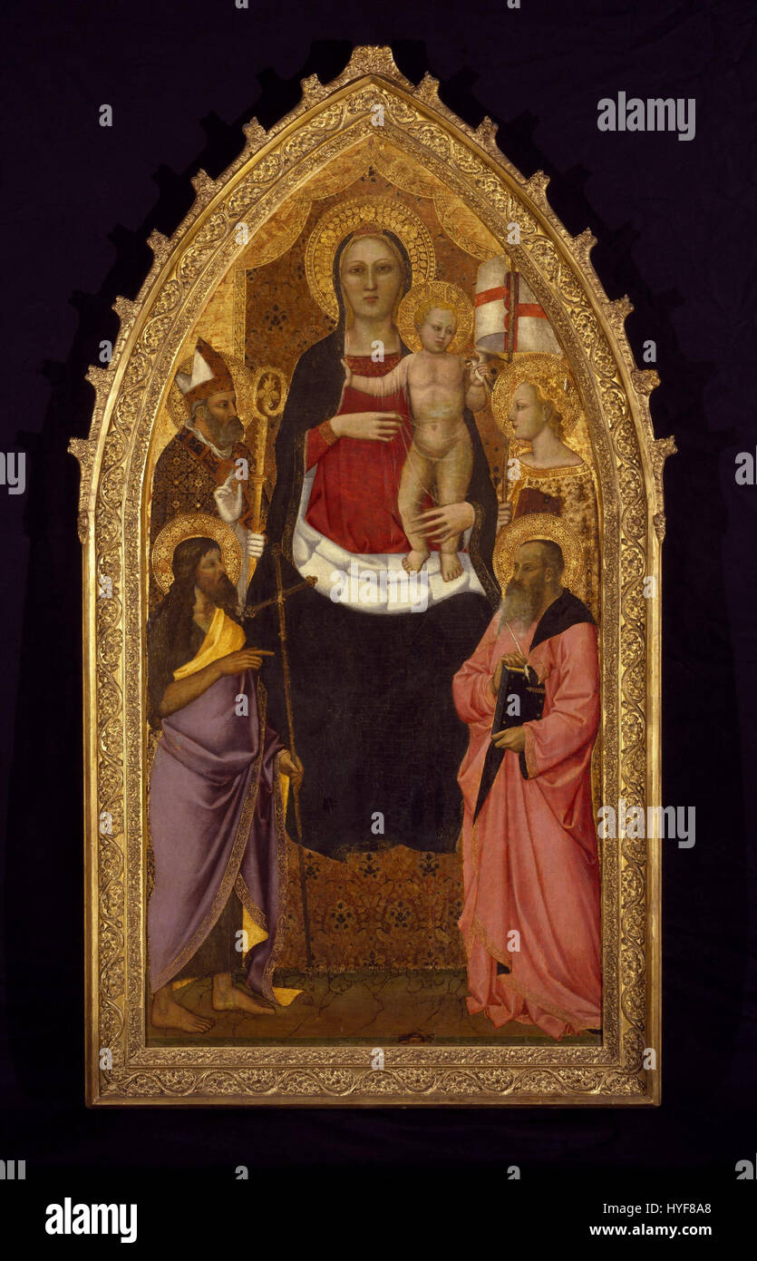 Nardo di Ciones „Madonna und Kind thront mit den Heiligen Zenobius, Johannes dem Täufer, Reparata und Johannes dem Evangelisten“ ist eine Tempera aus dem 14. Jahrhundert, die die Madonna und das Kind zeigt, flankiert von vier Heiligen, und spiegelt den gotischen Stil des Künstlers wider. Stockfoto
