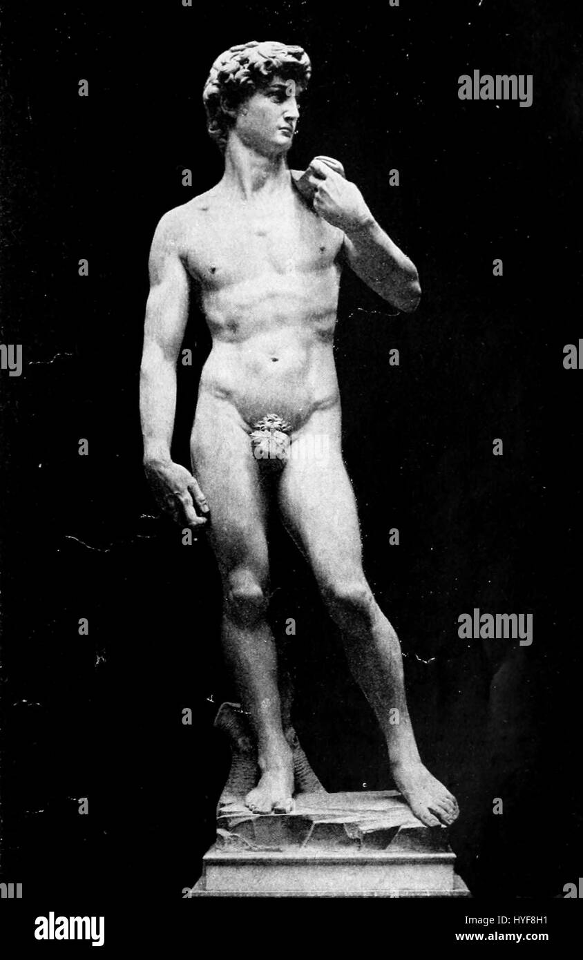 Das Kunstwerk „David“ aus der Serie „Leben von Michael Angelo“ aus dem Jahr 1912 zeigt die berühmte Statue des Künstlers David und konzentriert sich auf die Beherrschung der Renaissance-Skulptur und Michelangelos künstlerisches Erbe. Stockfoto