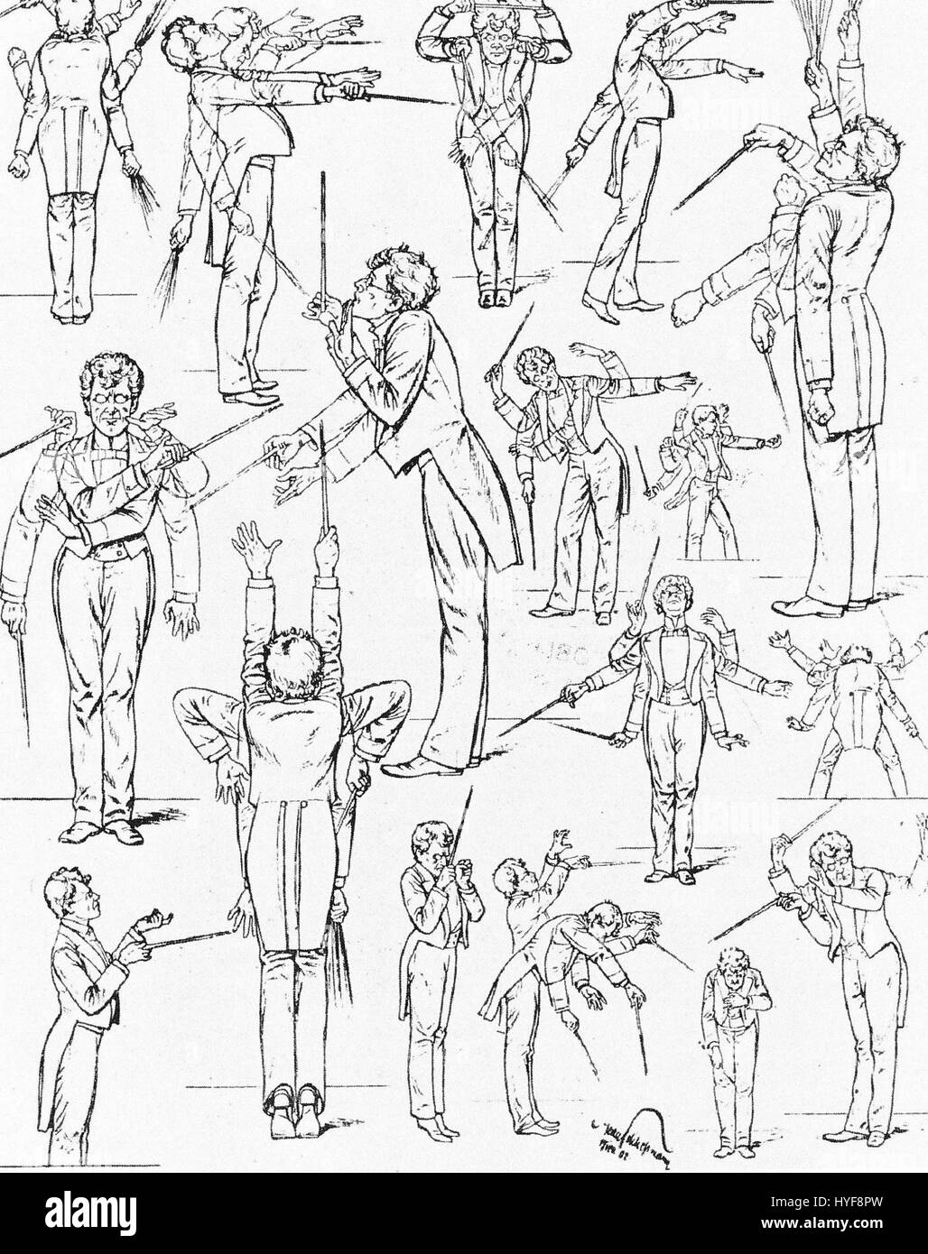 Diese Karikatur zeigt Gustav Mahler, der ein Orchester dirigiert und seinen leidenschaftlichen und energiegeladenen Aufführungsstil einfängt. Die übertriebenen Eigenschaften betonen seine emotionale Intensität und Führung während der Konzerte. Stockfoto