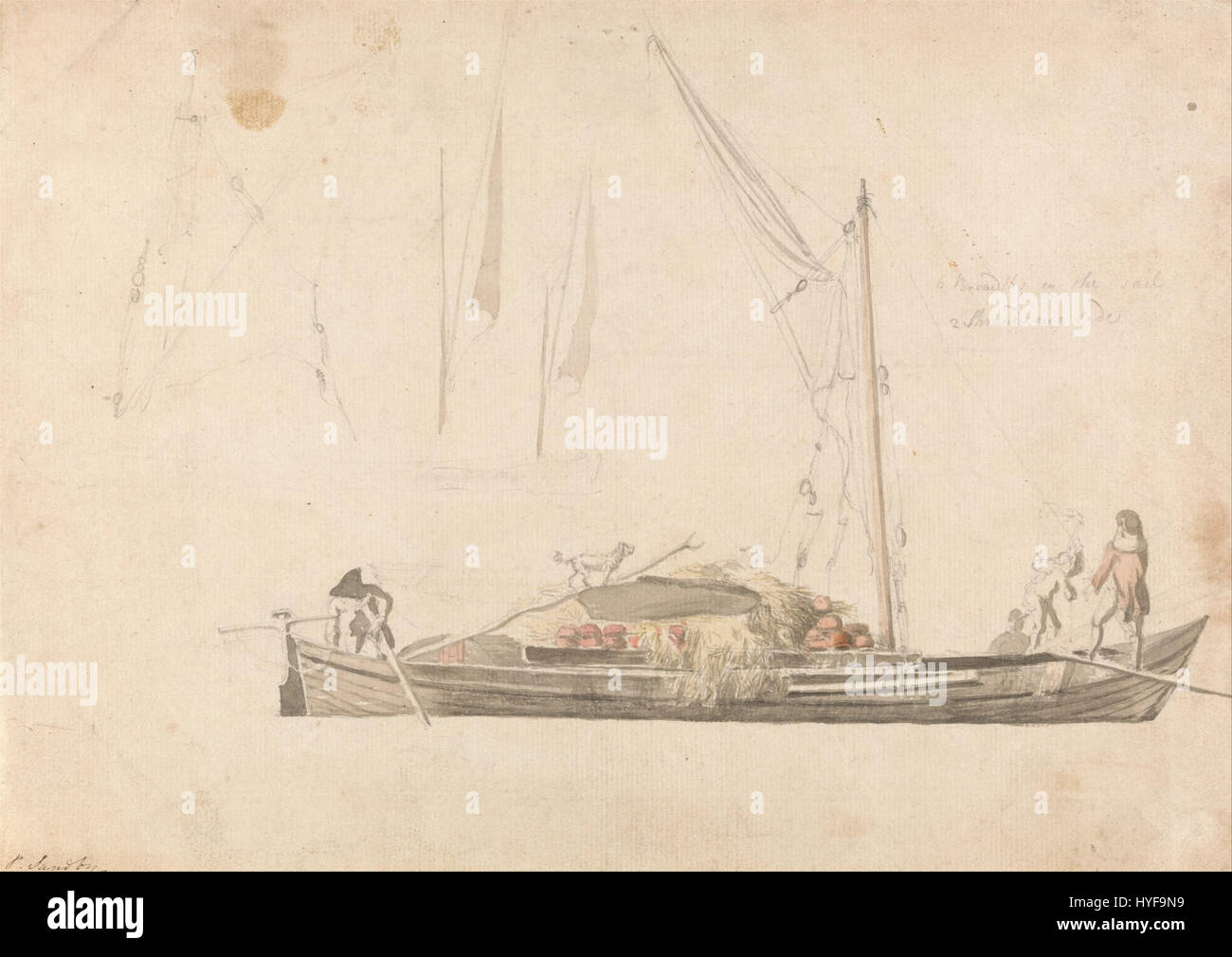 Paul Sandbys „Cargo Boat“ zeigt eine Szene eines Frachtschiffes auf einem Fluss oder einer Küste und zeigt die Seehandel- und Transportsysteme der damaligen Zeit. Das Werk spiegelt Sandbys Interesse an Landschaften und Küstenleben wider. Stockfoto