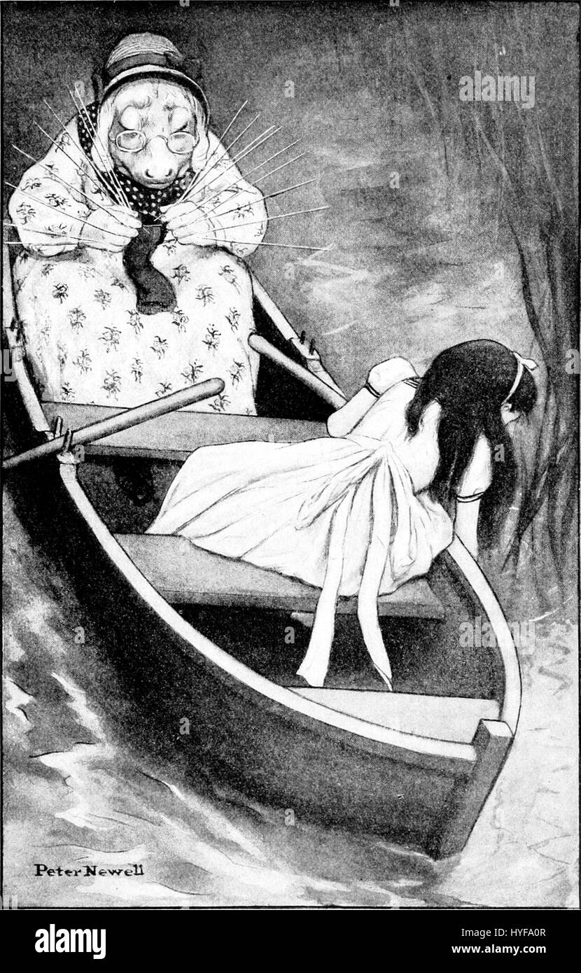 Eine Seite aus Peter Newells Ausgabe von 1902 von „Through the Looking Glass and What Alice Found There“ mit seinen unverwechselbaren Illustrationen, die die fantasievolle Welt von Lewis Carrolls Roman zeigen. Stockfoto