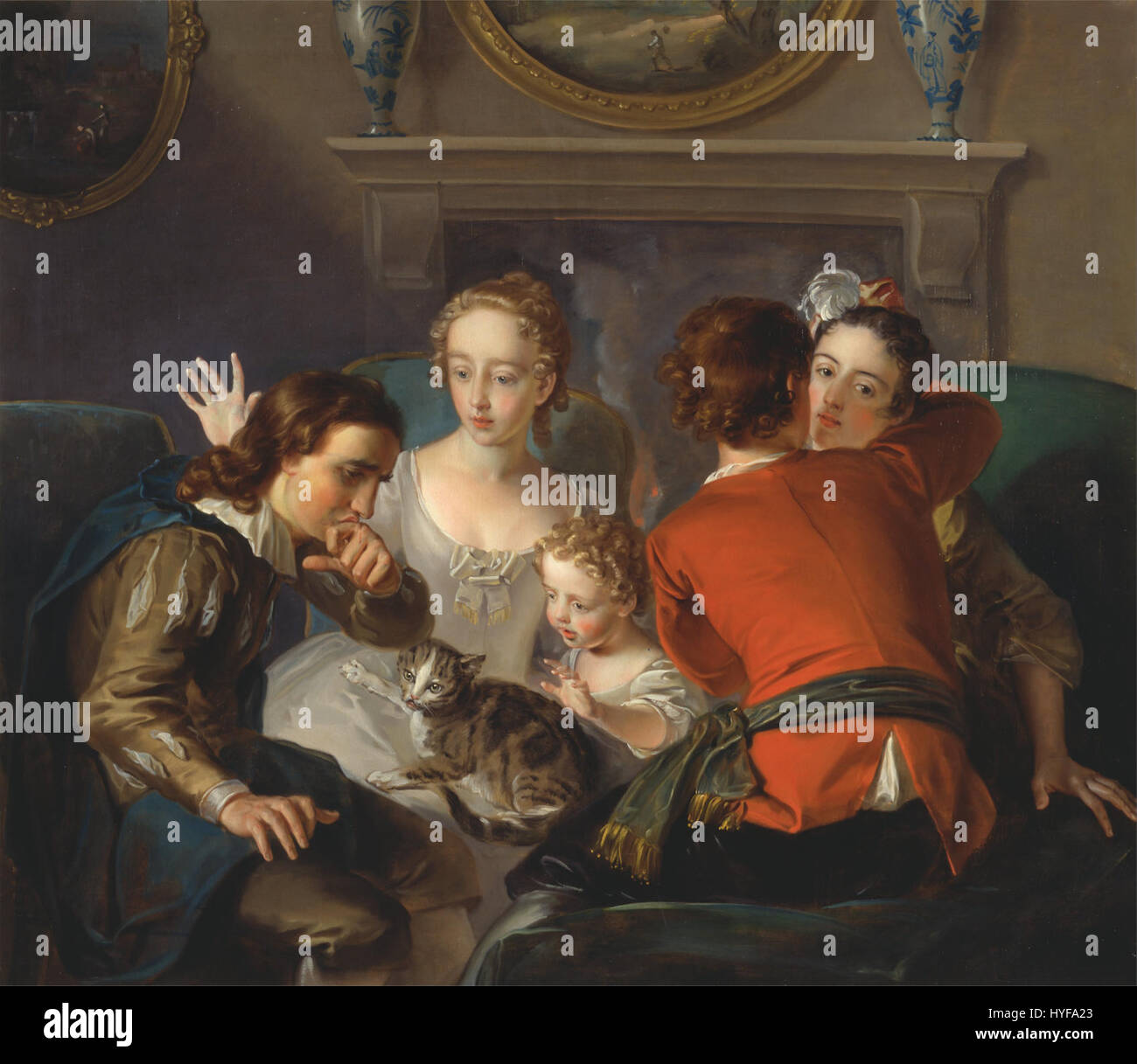 Philippe Merciers Gemälde „The Sense of Touch“ erforscht das sinnliche Erlebnis durch Kunst. Das Stück ist Teil einer Serie, die sich auf die menschlichen Sinne konzentriert und Merciers Talent zeigt, intime emotionale Erlebnisse durch Porträts festzuhalten. Stockfoto