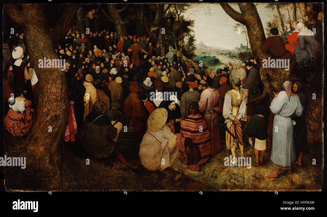 „Die Predigt des Heiligen Johannes des Täufers“ von Pieter Bruegel dem Älteren, in der eine biblische Szene dargestellt wird, in der der hl. Johannes vor einer großen Menge predigt. Bruegels detaillierte Komposition fängt sowohl die spirituelle Botschaft als auch den Alltag der Menschen im 16. Jahrhundert ein. Stockfoto