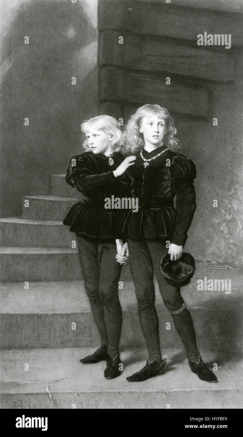 „Die Prinzen im Turm“ bezieht sich auf das mysteriöse Verschwinden von Eduard V. und Richard von Shrewsbury im Jahr 1483. Die Geschichte ist ein Thema der Faszination in der britischen Geschichte und wird in verschiedenen Kunstwerken und historischen Aufzeichnungen dargestellt. Stockfoto