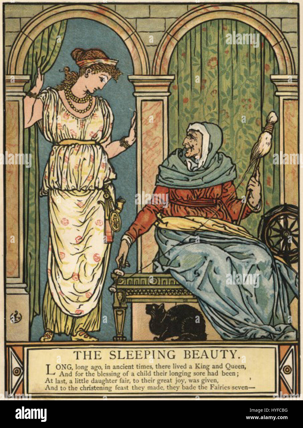 Walter Crane war ein englischer Künstler und Illustrator, bekannt für seine Beiträge zu Kinderbüchern, dekorativen Künsten und Buchillustrationen im späten 19. Und frühen 20. Jahrhundert. Seine Arbeiten zeigten oft lebendige Farben und detaillierte Designs. Stockfoto