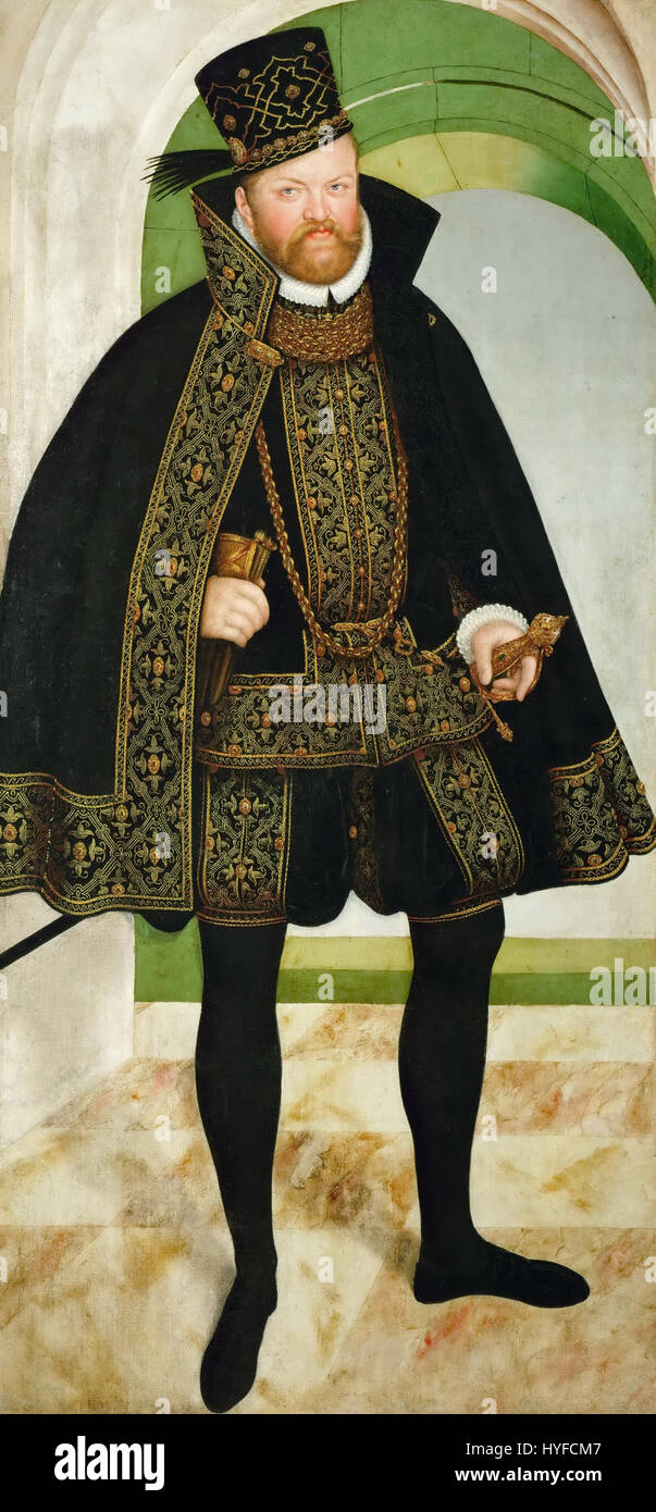 Dieses Kunstwerk von Lucas Cranach dem Jüngeren stellt den unverwechselbaren Stil der Renaissance dar, wobei der Schwerpunkt auf detaillierten Porträts und dem reichhaltigen Einsatz von Farben liegt, die für seine Werke während dieser Zeit typisch sind. Stockfoto