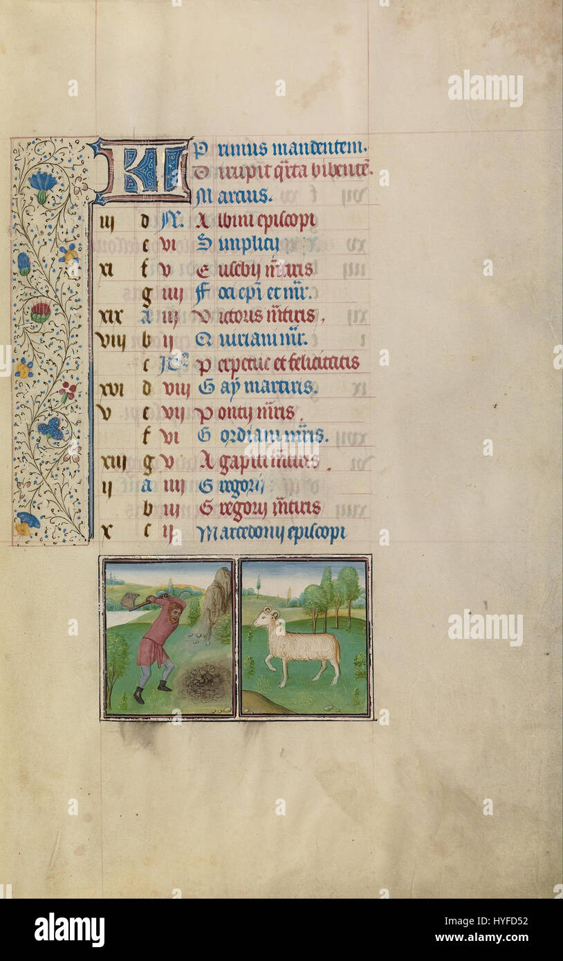 Das Werk Workshop of Willem Vrelant mit dem Titel A man working in a Field; Zodiacal Sign of Aries spiegelt flämische Kunst aus dem späten 15. Jahrhundert wider. Das detaillierte Werk zeigt einen Arbeiter auf einem Feld mit dem Sternzeichen von Aries, das sowohl das tägliche Leben als auch den astrologischen Symbolismus integriert. Stockfoto