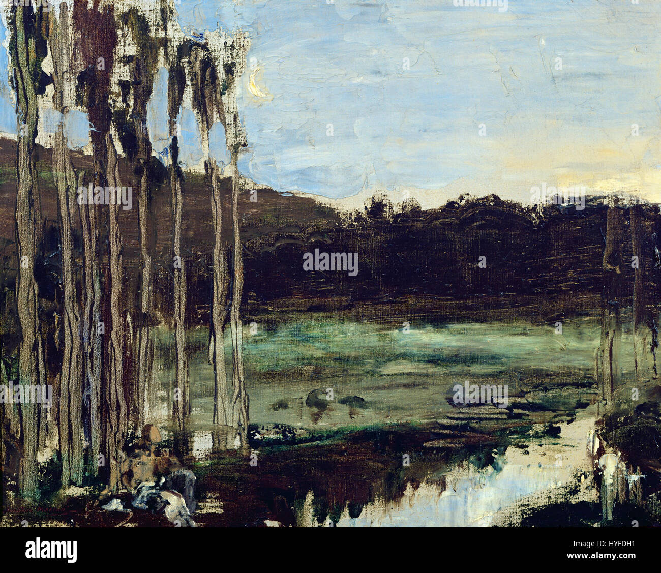 „Paysage“ von Gustave Moreau ist ein Landschaftsgemälde, das seinen symbolischen Umgang mit der Natur unterstreicht. Das Werk verwendet kühne Farbkontraste und mystische Elemente, um eine emotionale Reaktion hervorzurufen, die charakteristisch für Moreas Fokus auf Symbolismus und atmosphärische Effekte ist. Stockfoto