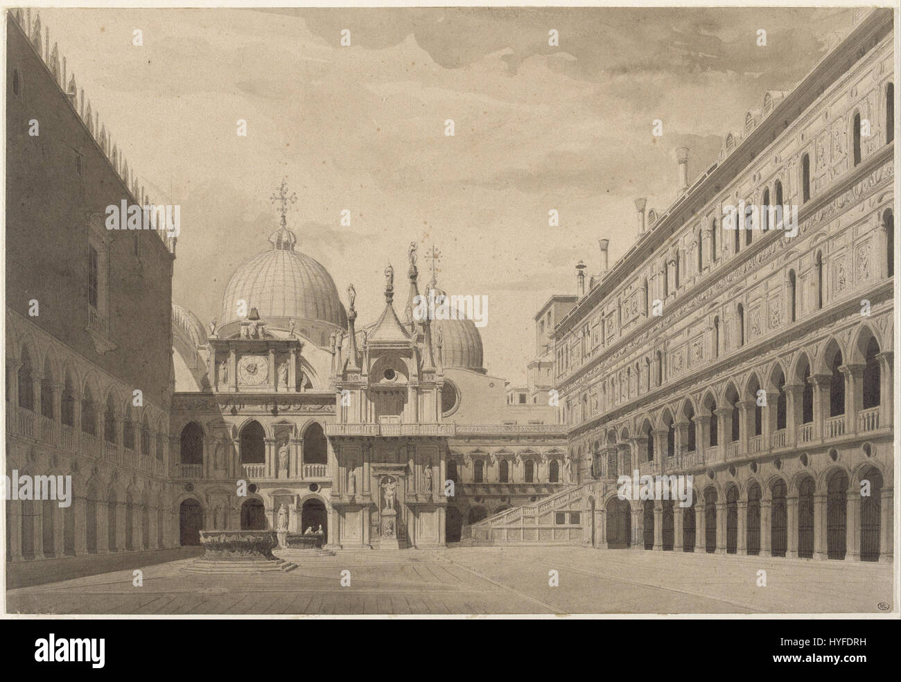 Charles Garniers Zeichnung des Hofes des Dogenpalastes in Venedig fängt die architektonische Pracht dieses berühmten venezianischen Wahrzeichens ein. Das Werk zeigt komplizierte Details des Renaissance-Designs und seiner atemberaubenden Umgebung. Stockfoto