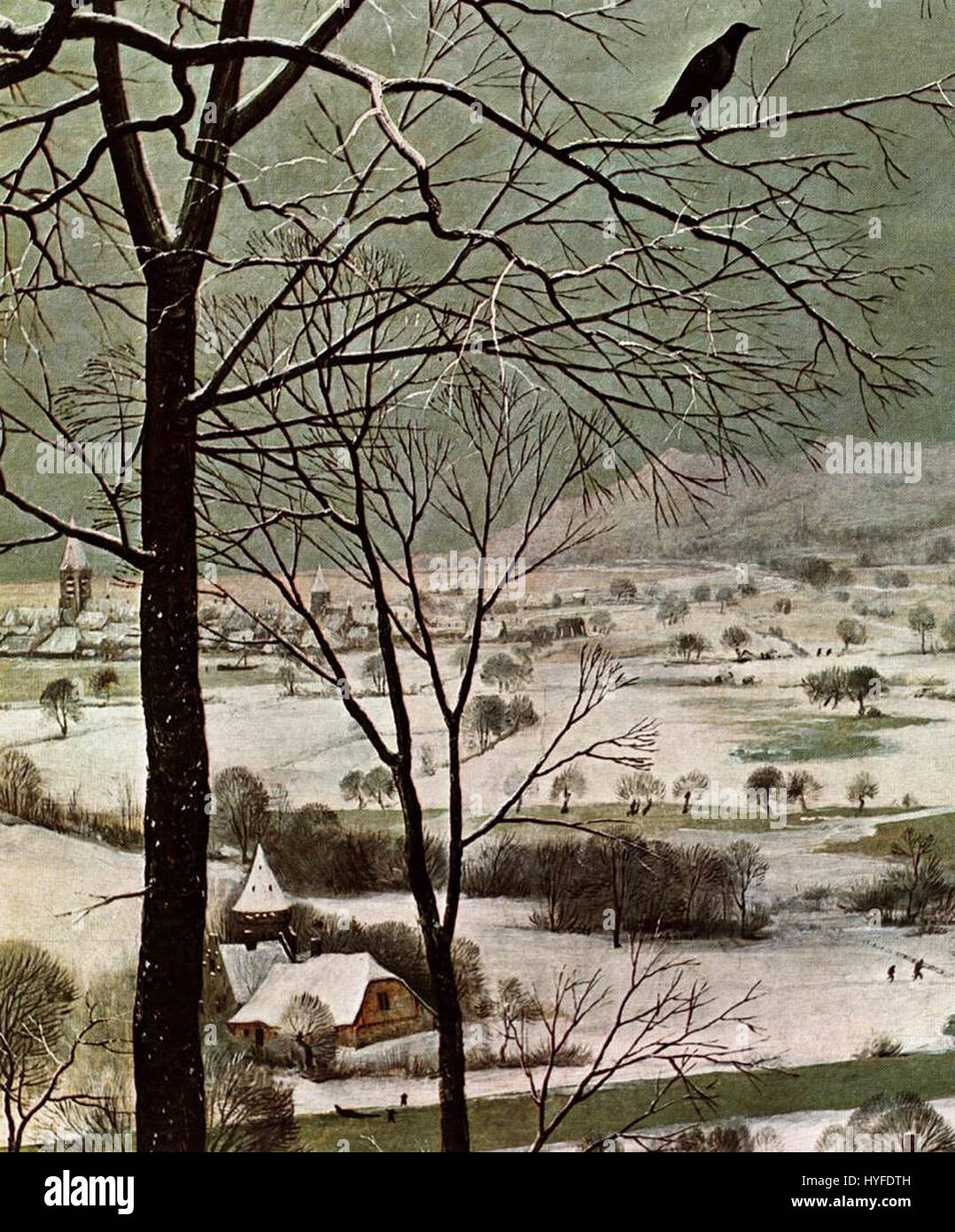 Pieter Bruegel der ältere „die Jäger im Schnee“ ist eine berühmte Darstellung des Winters in der flämischen Landschaft. Dieses Detail des Gemäldes zeigt die Jäger, die mit ihrer Beute in einer schneebedeckten Landschaft zurückkehren, und zeigt Bruegels Meisterschaft in der Erfassung des Alltags und der saisonalen Veränderungen. Stockfoto