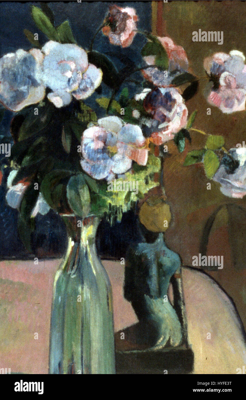 „Roses et statuette“ von Paul Gauguin ist ein Stillleben-Gemälde mit Rosen und einer Statuette, das die Verwendung lebendiger Farben und sein Interesse am Symbolismus, die Schlüsselelemente seiner späteren Arbeiten, zeigt. Stockfoto