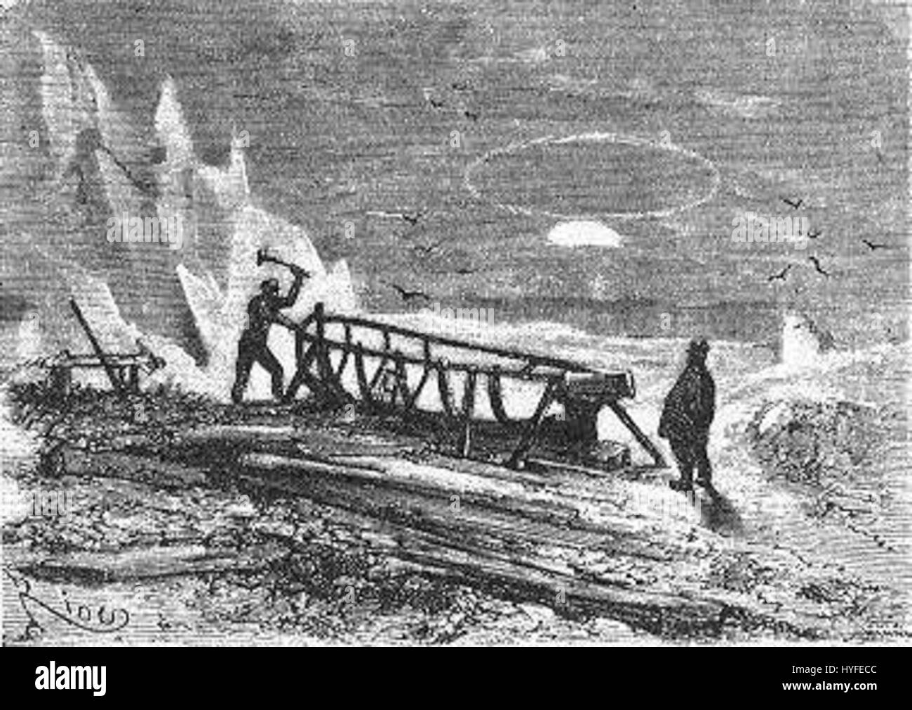 „The Field of Ice“ von Riou und Montaut zeigt eine eisige Landschaft, die möglicherweise die raue und raue Umgebung der Polarforschung einfängt. Das Kunstwerk bietet eine detaillierte Darstellung des gefrorenen Geländes und der schwierigen Bedingungen, denen sich Entdecker gegenübersehen. Stockfoto